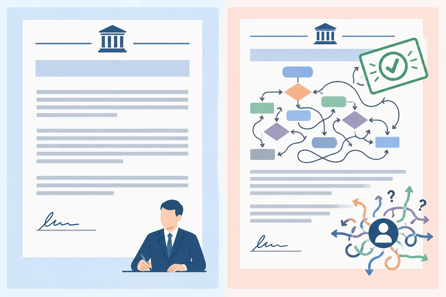 Diagrama comparando um comunicado institucional ordenado e uma versão com a mesma estrutura, mas com sinais visuais de decisão confusa e fuga de responsabilidade.
