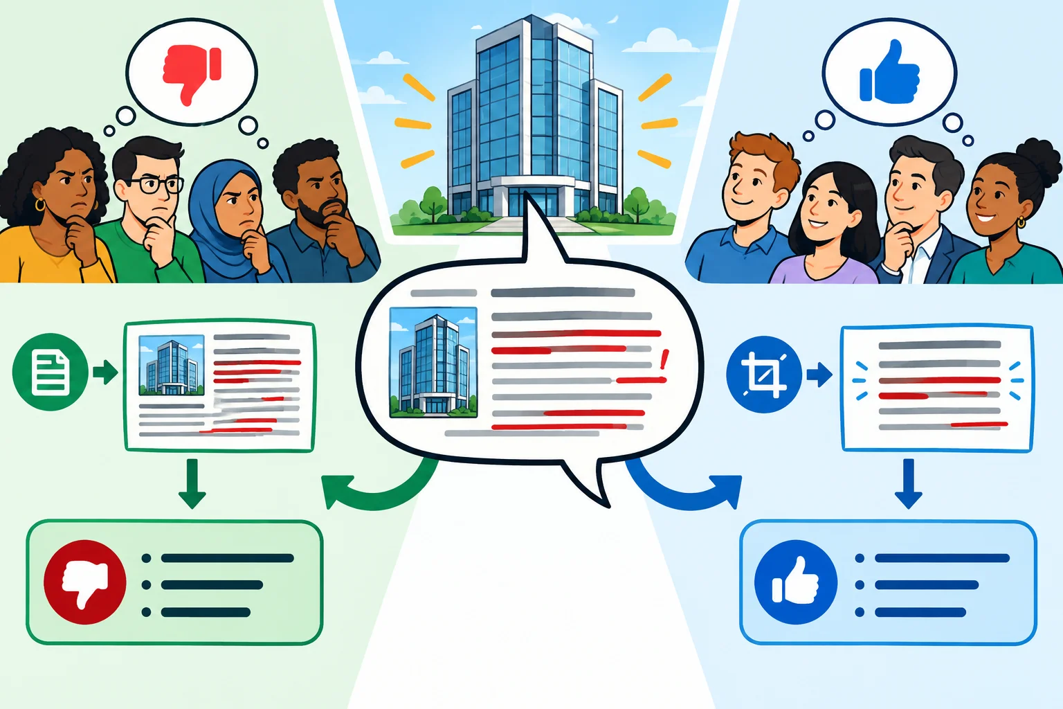 Diagrama mostra uma voz satírica dirigida a uma instituição e leitores chegando a interpretações diferentes conforme as pistas e o contexto.