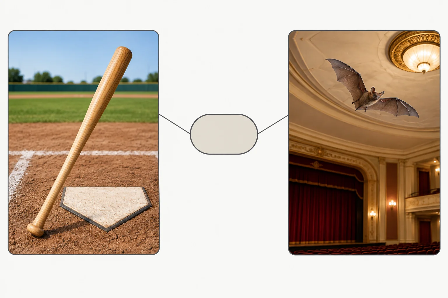 Diagrama com uma forma central ligada a um taco de beisebol e a um morcego.