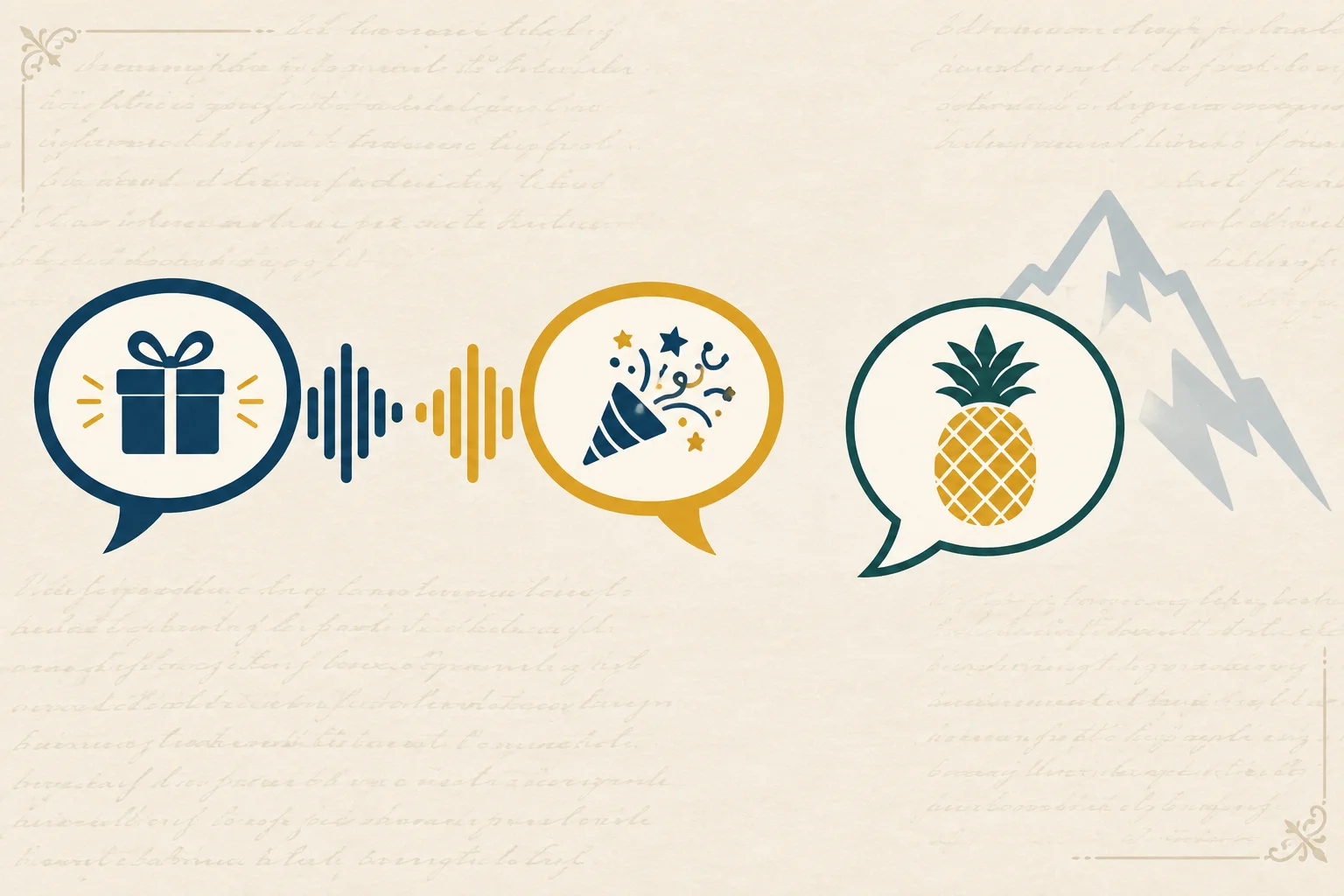 Diagrama em dois lados: à esquerda, duas ondas sonoras parecidas conectam balões de fala; à direita, um abacaxi aparece em um balão onde o contexto sugere um pico.