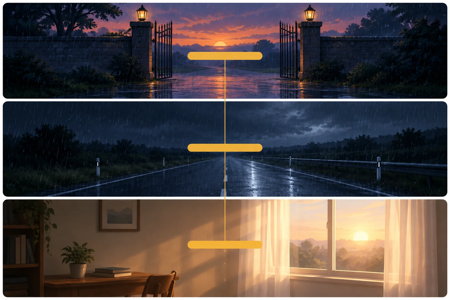 Três blocos de estrofe mostram uma faixa idêntica repetida, cercada por imagens de anoitecer, chuva e luz da manhã.
