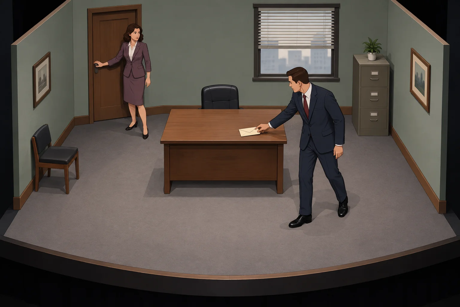 Diagrama de um escritório teatral com porta ao fundo à esquerda, mesa no centro, Leah perto da porta e Marcus entre ela e a mesa, puxando um envelope.