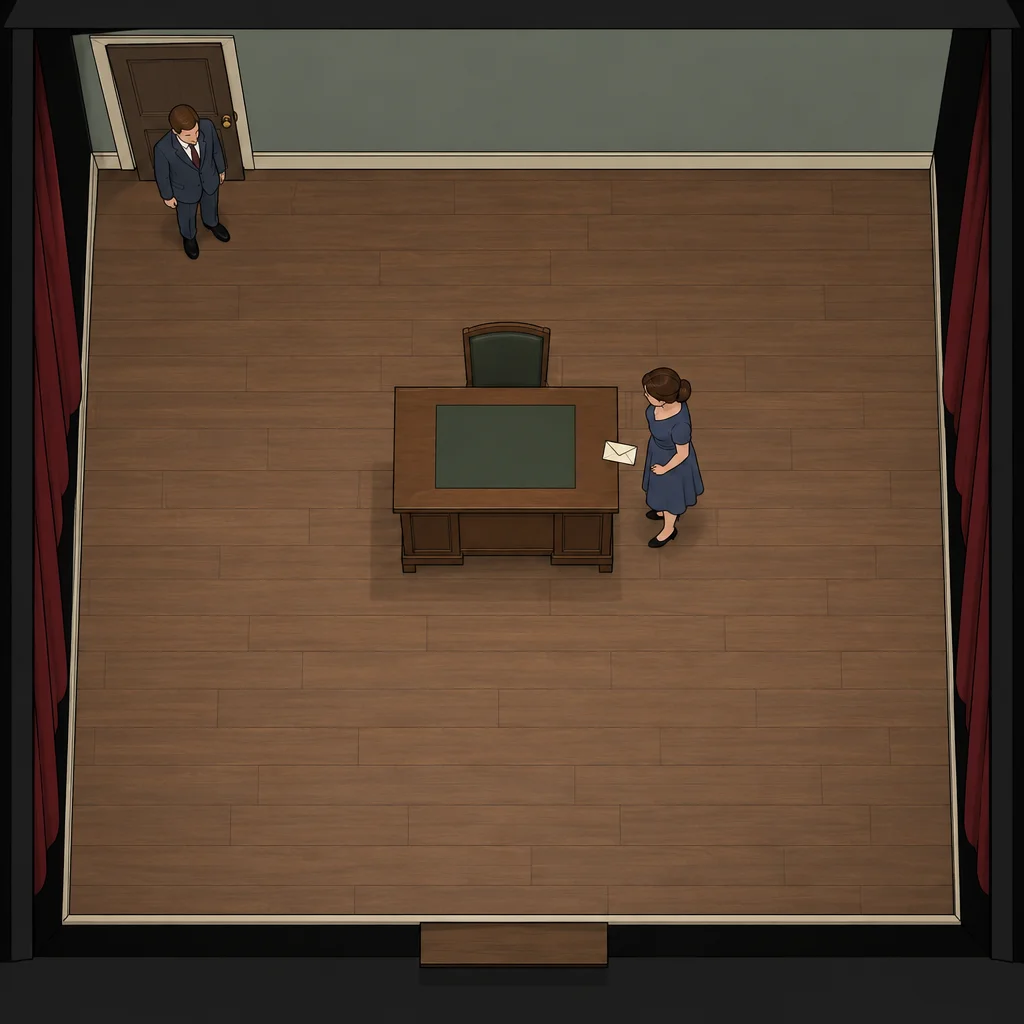 Leah já está na mesa; Marcus está junto à porta.
