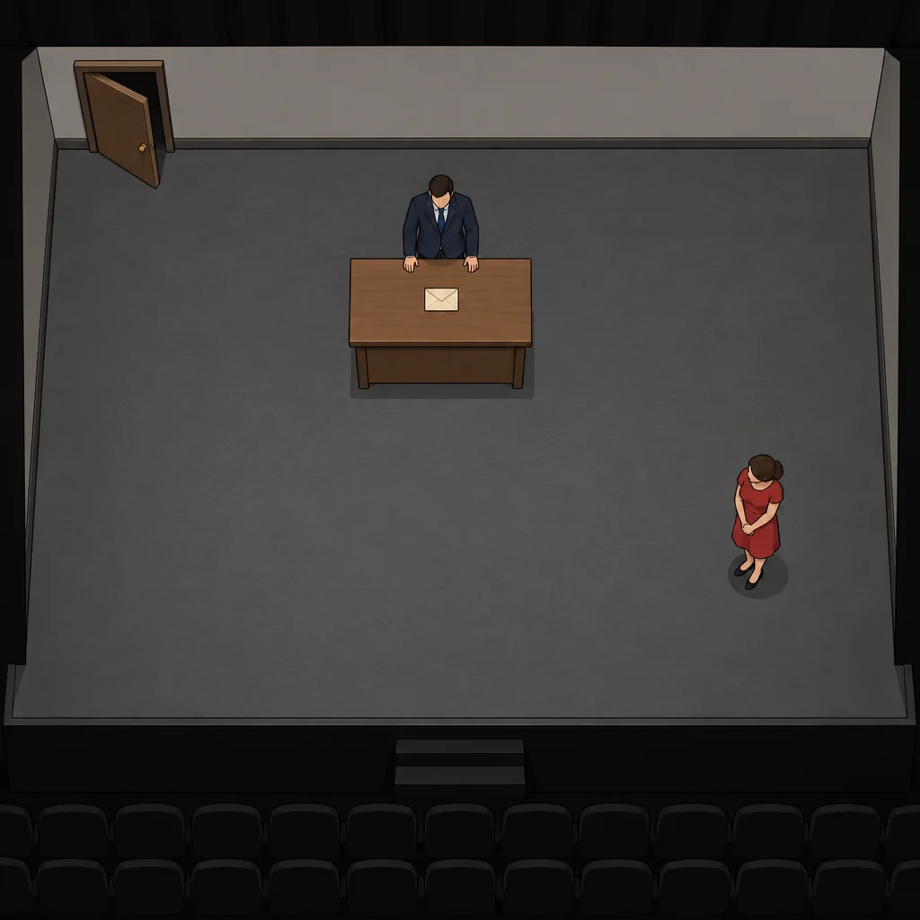 Marcus está atrás da mesa; Leah está à frente dela.