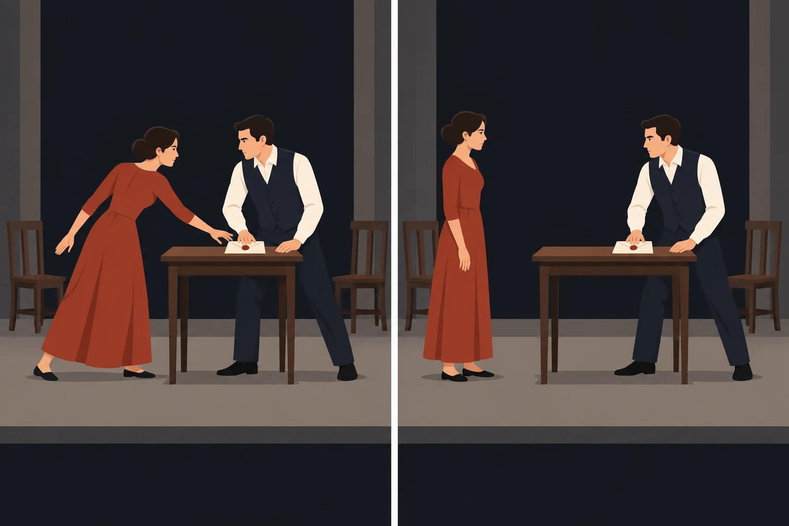 Diagrama em dois painéis mostrando a mesma cena: em um, uma personagem se aproxima da carta; no outro, ela mantém distância. Em ambos, a outra personagem protege a carta.