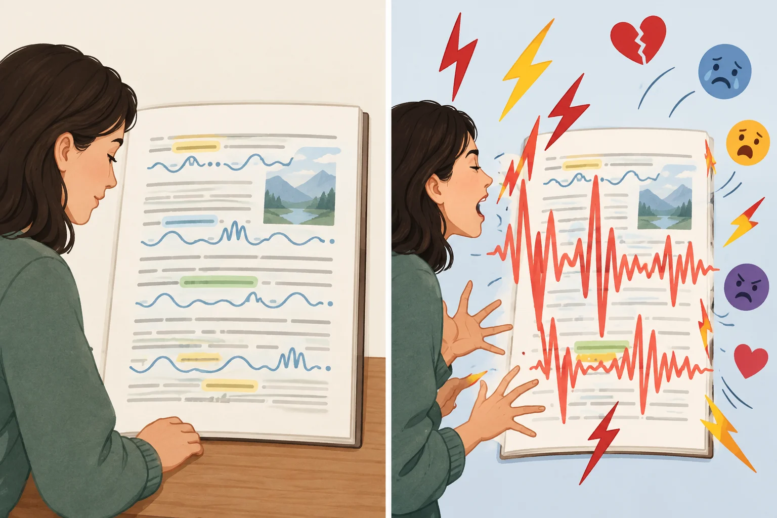 Comparação visual entre uma leitura cuja curva sonora acompanha pistas do texto e outra cuja expressividade parece desconectada delas.