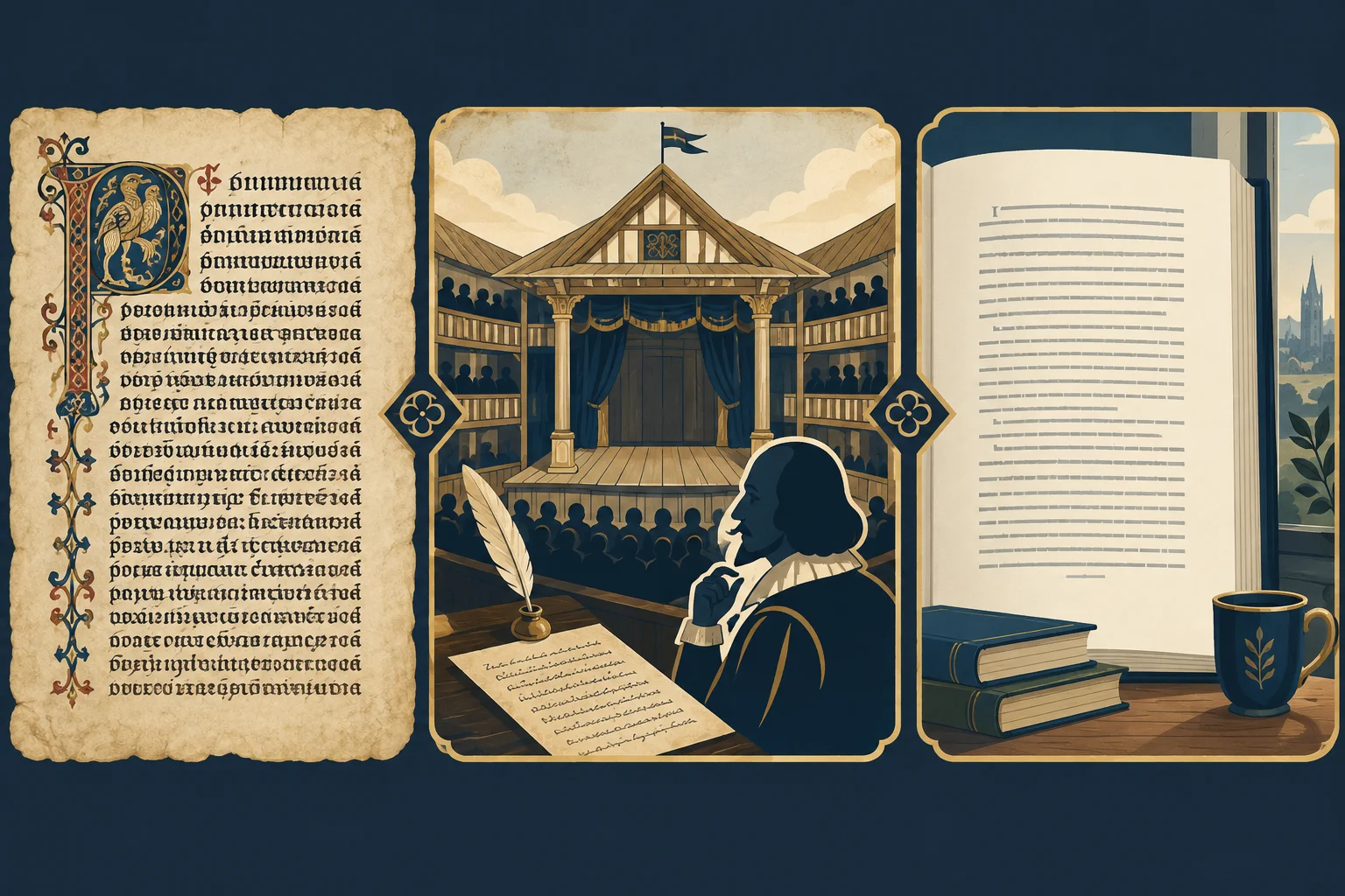 Linha do tempo visual com manuscrito medieval à esquerda, palco elisabetano ao centro e livro contemporâneo à direita.