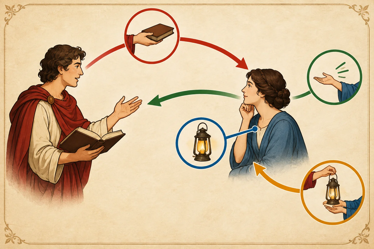 Diagrama com uma pessoa que fala a outra e setas que distinguem sujeito, complemento e duas maneiras de indicar posse.