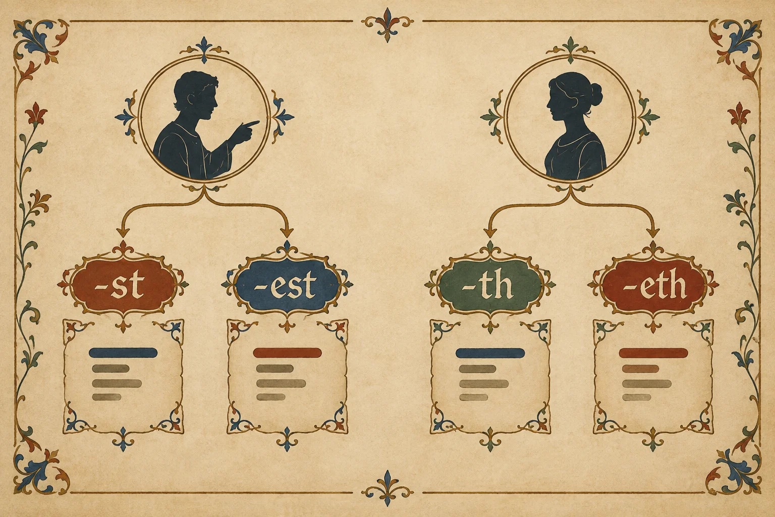 Diagrama com dois caminhos: formas em -st e -est ligadas à segunda pessoa singular, e formas em -th e -eth ligadas à terceira pessoa singular.