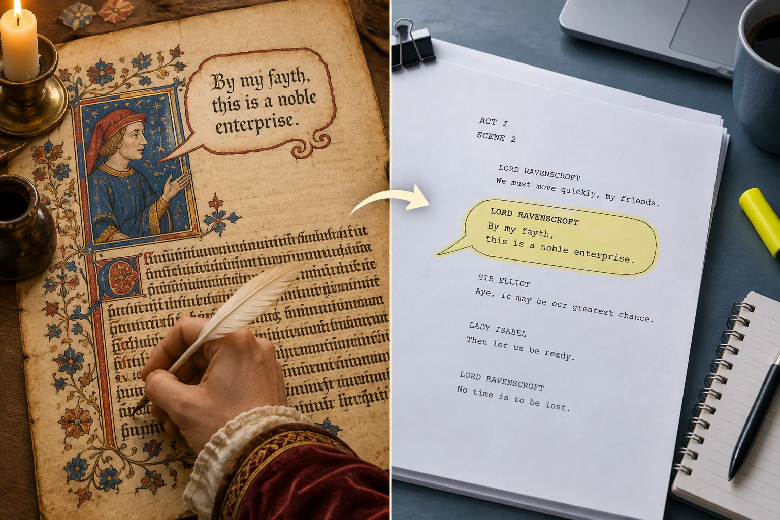 Comparação entre uma forma pertencente a um manuscrito de época e a retomada dessa forma em um roteiro contemporâneo.