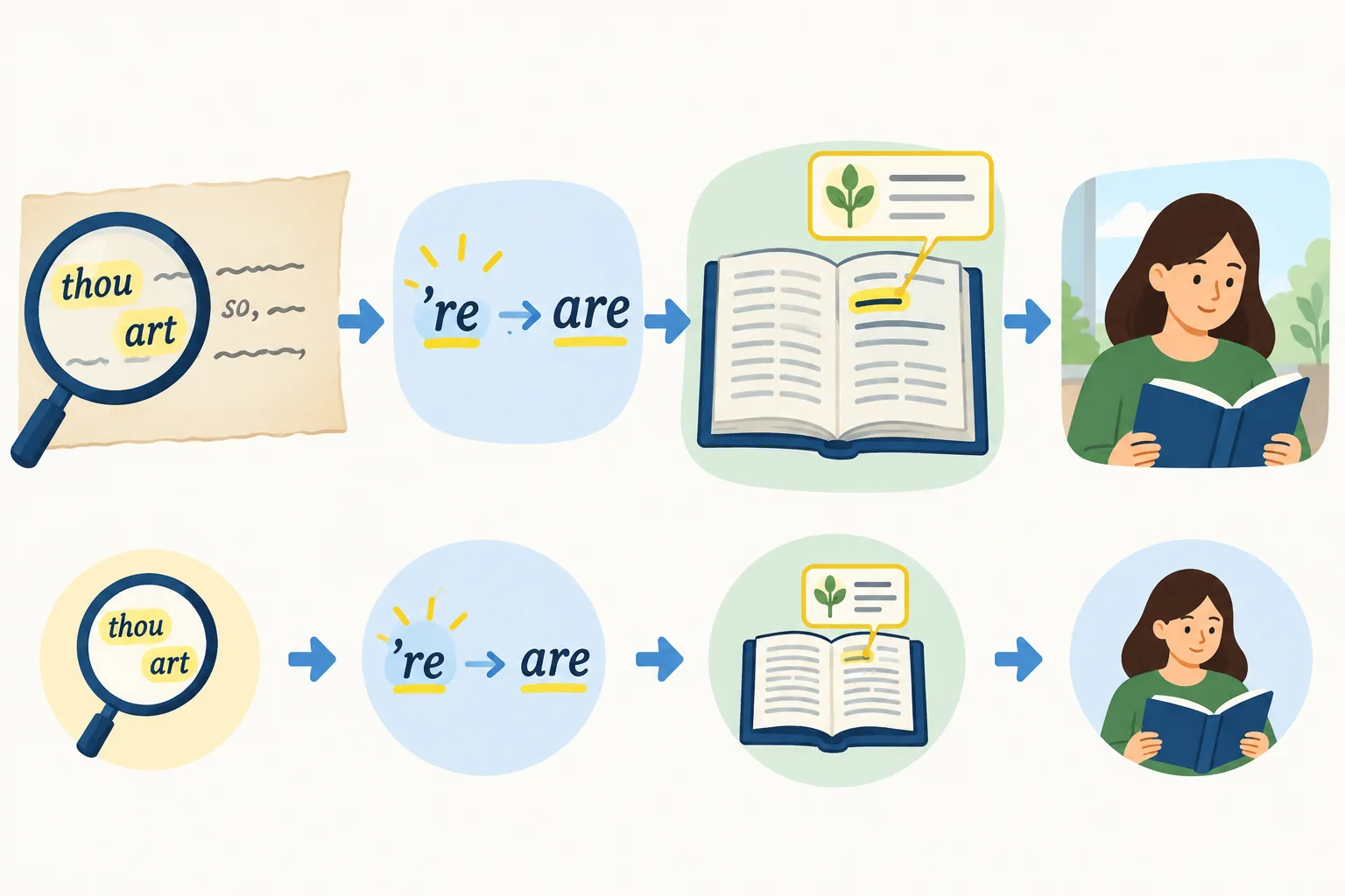 Diagrama com uma lupa sobre formas antigas, uma elisão expandida, um dicionário e uma seta para a compreensão da frase.