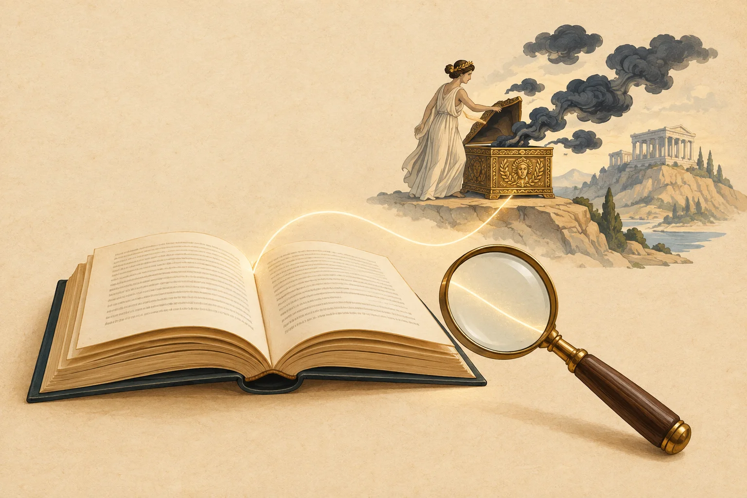 Esquema de um trecho em um livro conectado por uma linha a uma referência externa simbolizada por uma caixa mitológica.