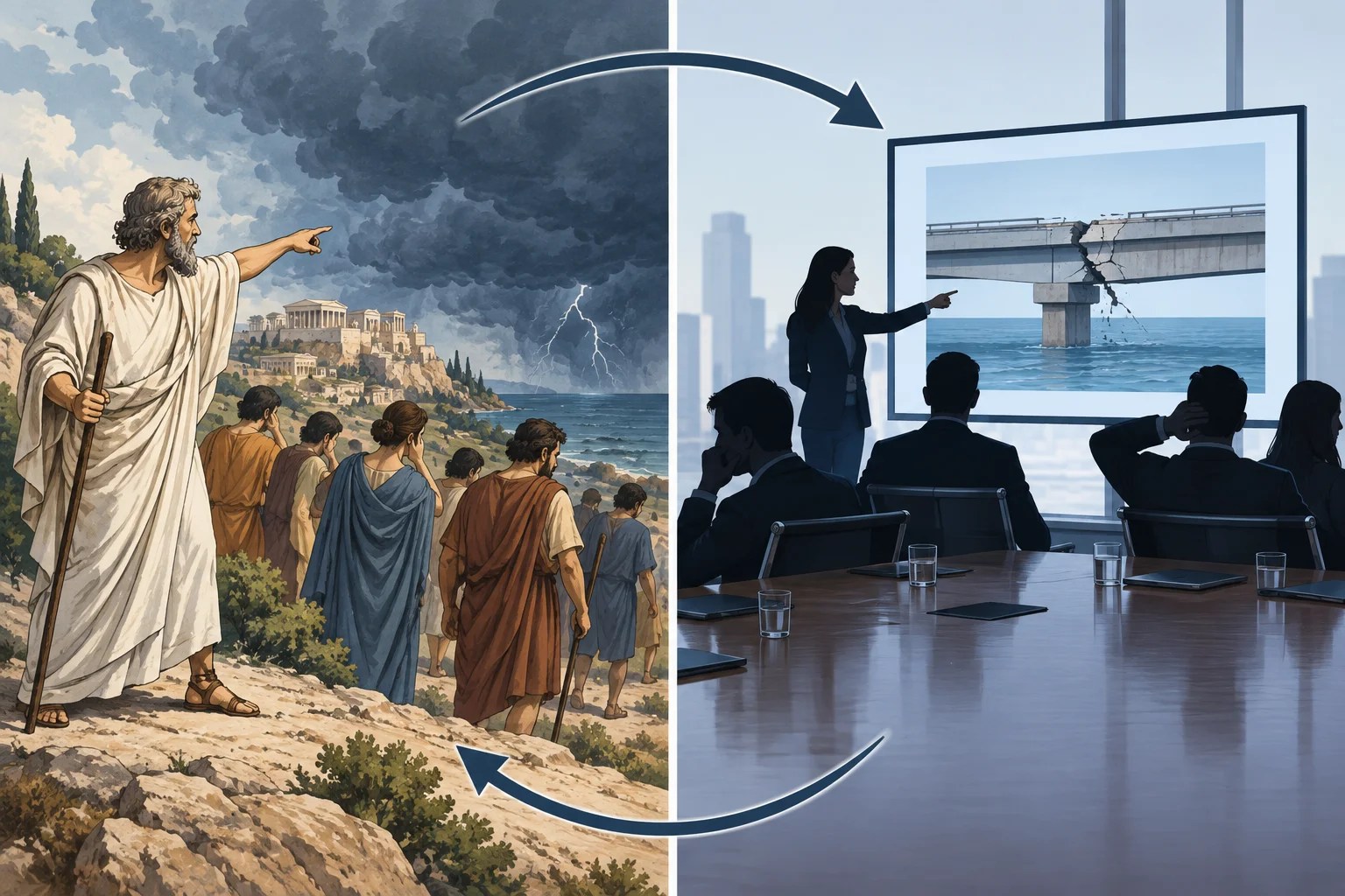 Comparação visual entre uma profetisa ignorada e uma pessoa alertando um conselho sobre uma ponte em risco.
