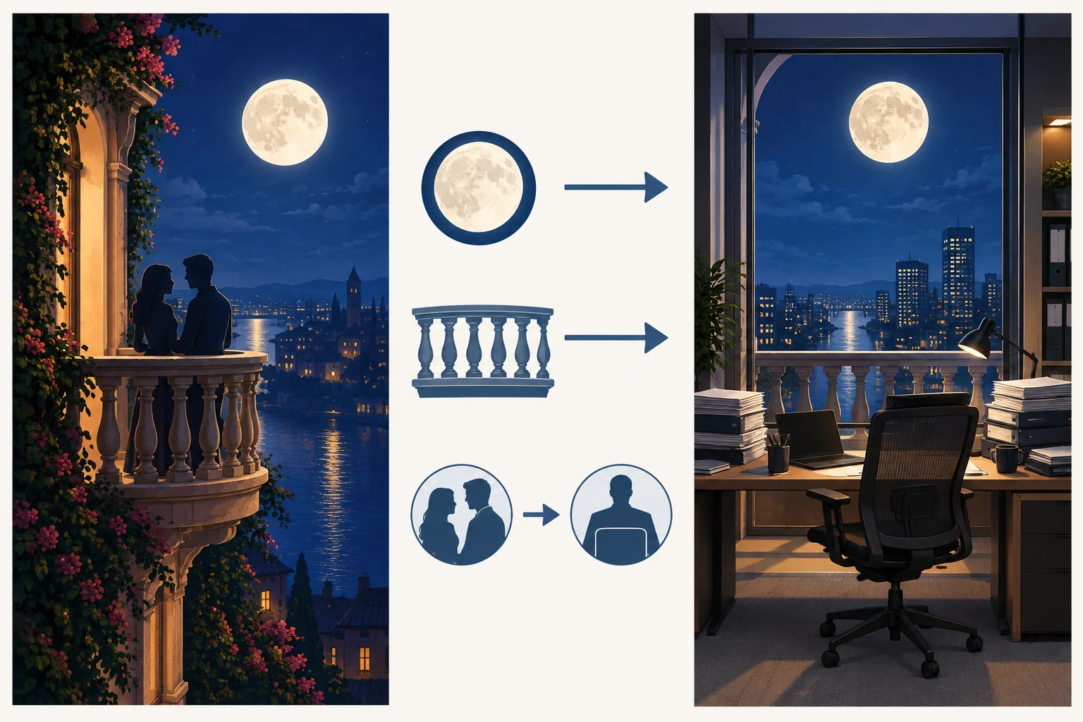 Diagrama lado a lado: uma cena de varanda ao luar e a mesma forma de varanda deslocada para um escritório noturno.