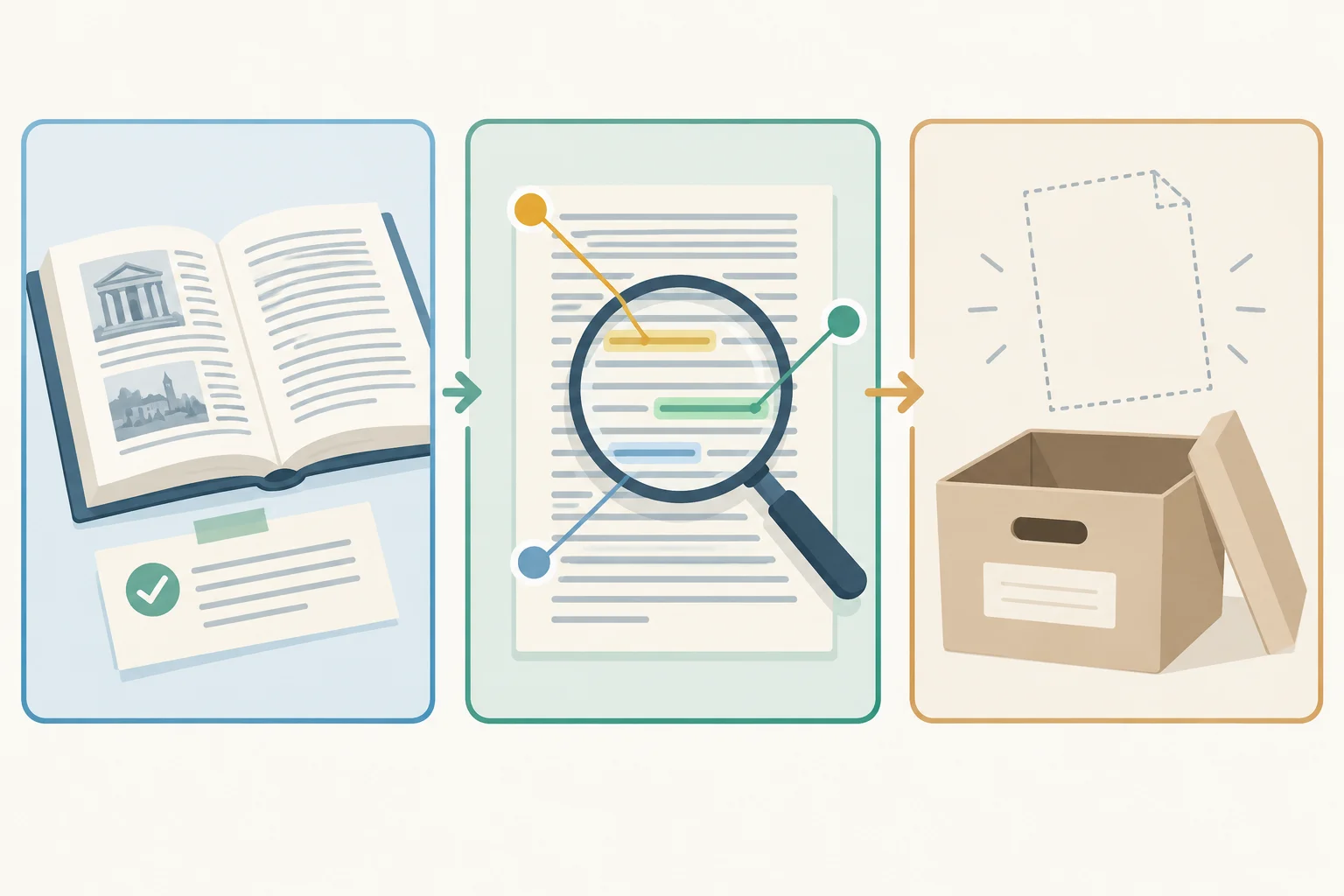 Diagrama visual em três partes: fonte verificada, leitura contextual de um trecho e documentação ausente.