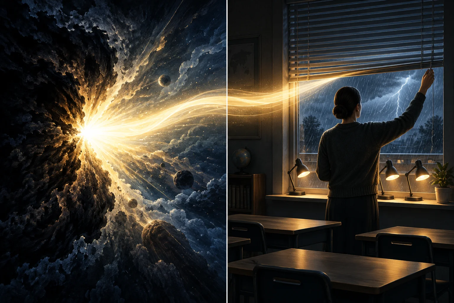 À esquerda, luz surgindo da escuridão em uma cena abstrata de criação; à direita, uma professora abre persianas em uma sala escura com lâmpadas pequenas.