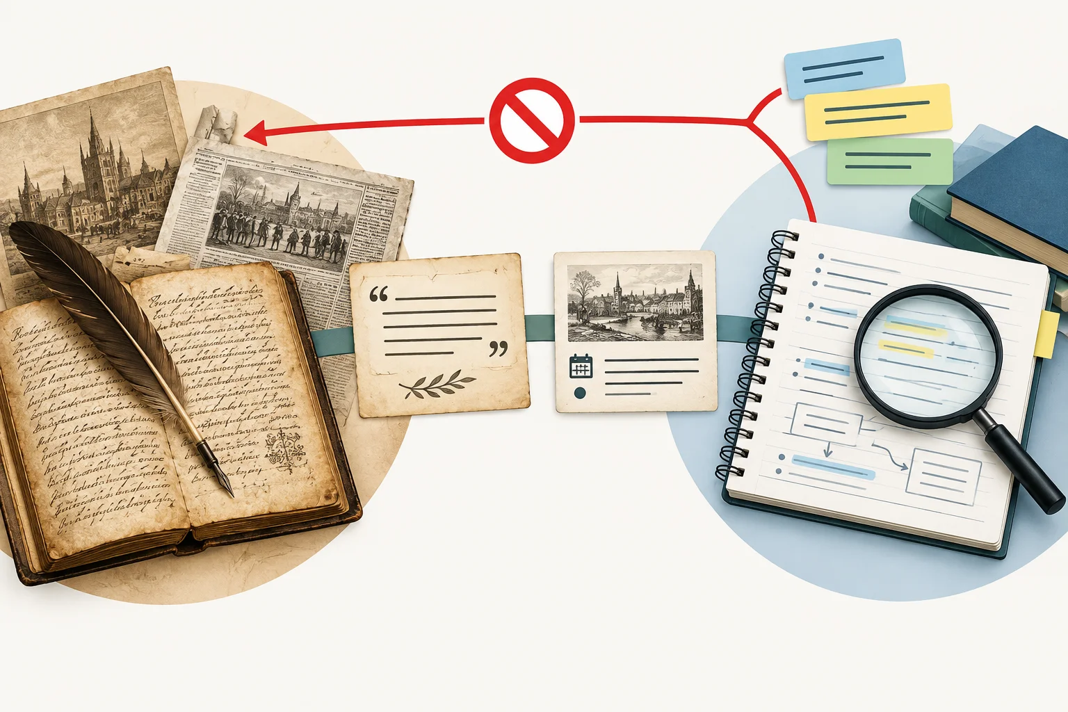 Diagrama que separa o contexto histórico de uma obra do ponto de vista atual do leitor, ligados por evidências.