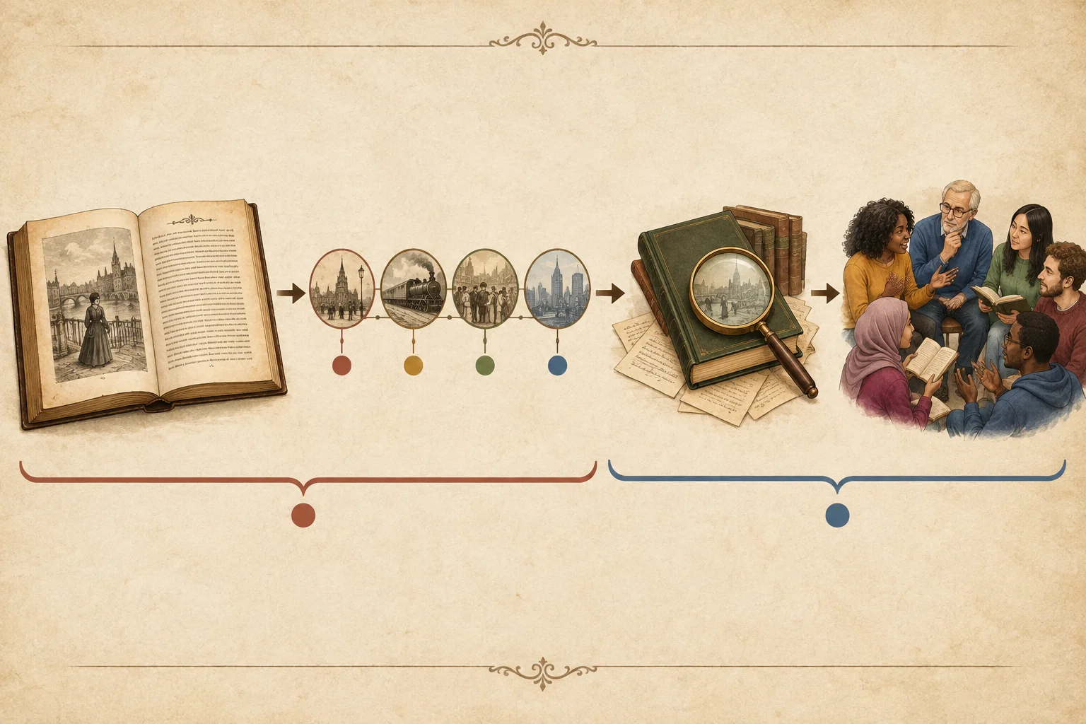 Linha do tempo visual que parte de um romance publicado e chega a uma leitura crítica posterior e a leitores atuais.
