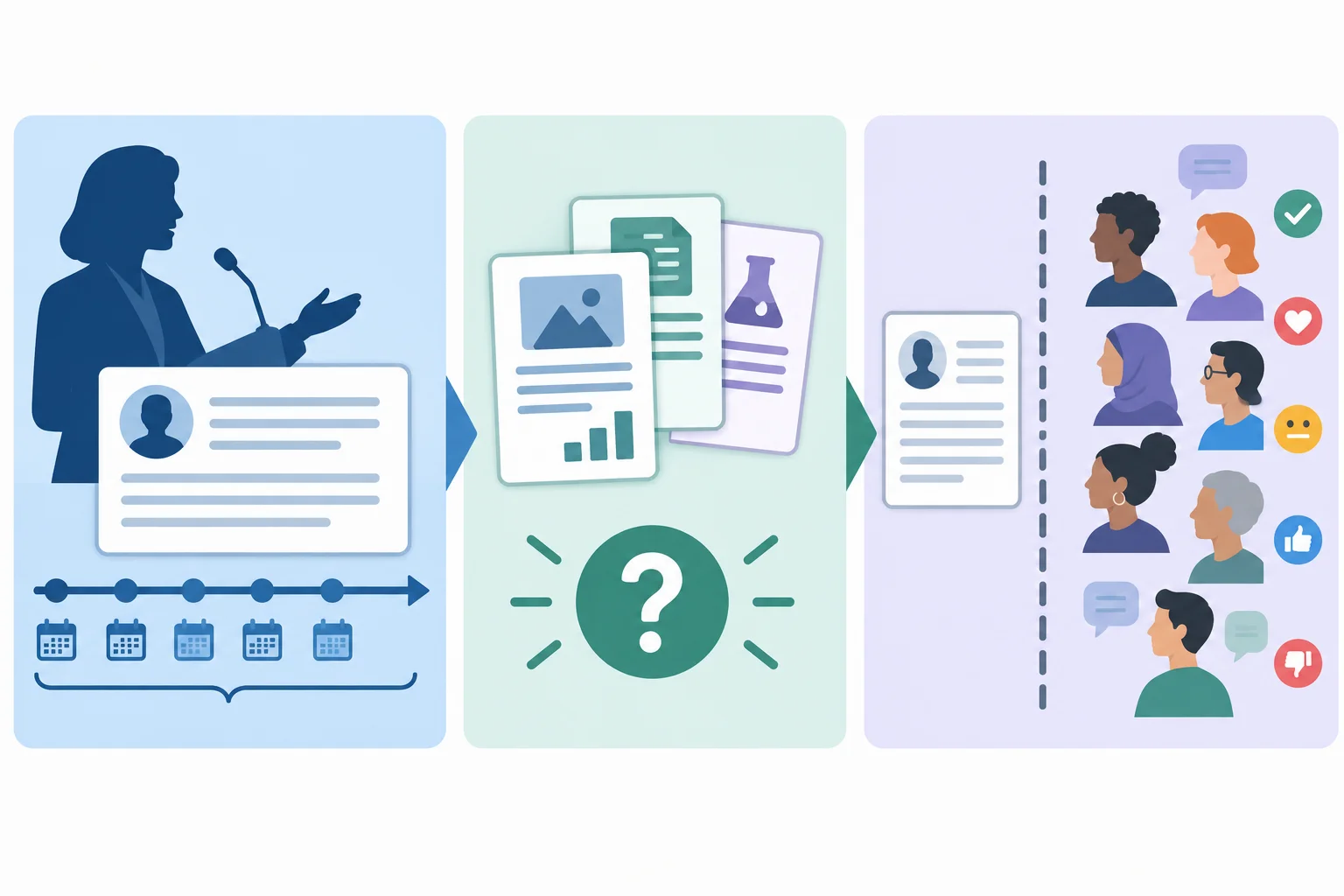 Diagrama em três partes: credibilidade da voz, sustentação das razões e resposta real do público aparecem como níveis diferentes.