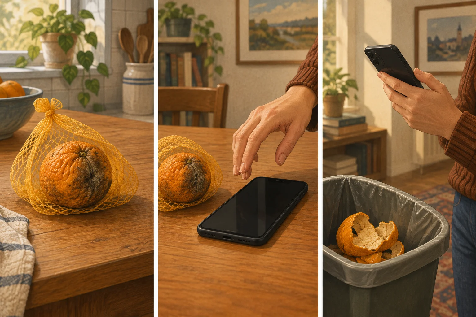 Três momentos mostram uma laranja esquecida, uma mão diante de um celular e a laranja descartada enquanto a mão segura o aparelho.