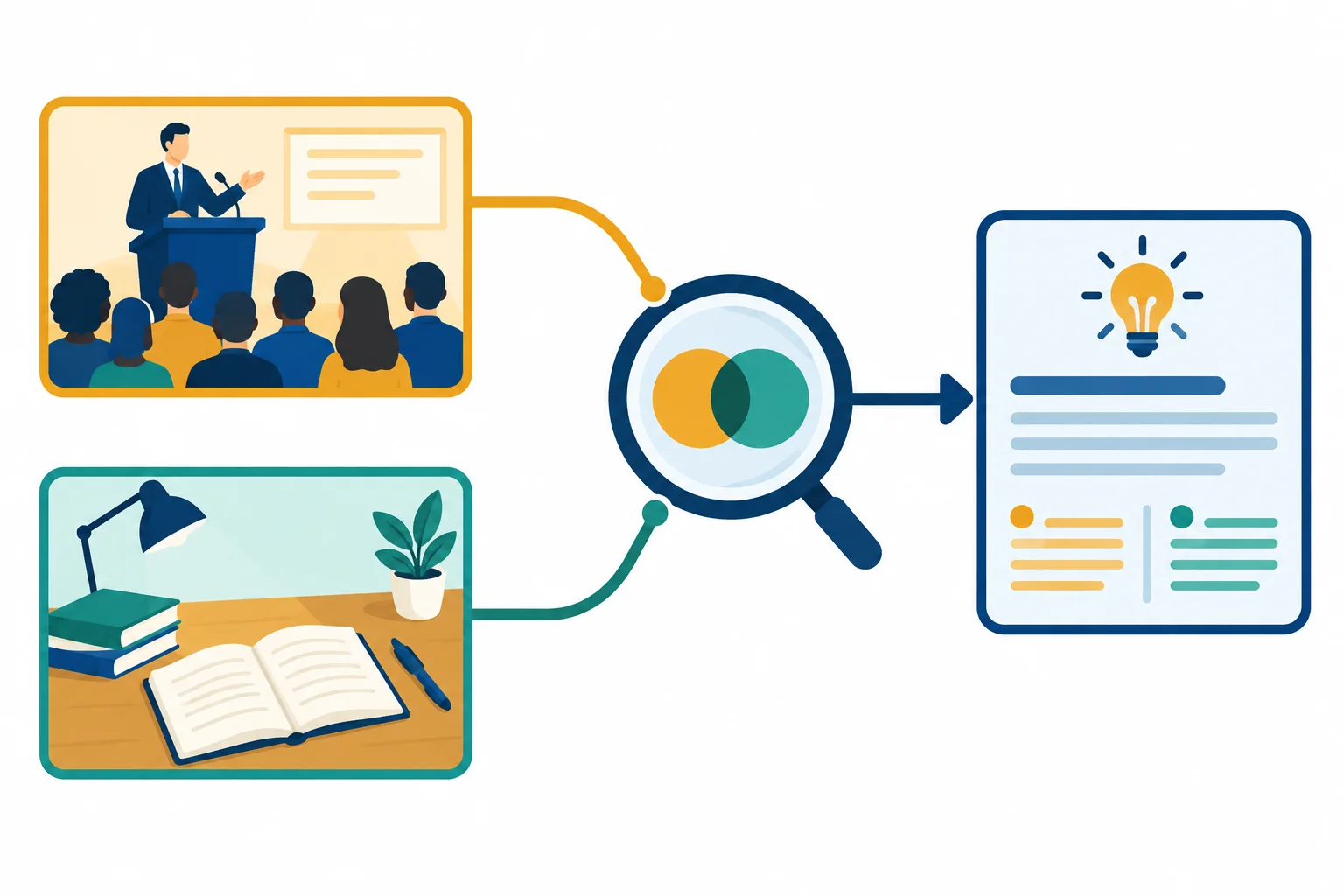 Diagrama com dois trechos de contextos distintos ligados por uma lente comparativa a uma única afirmação analítica.