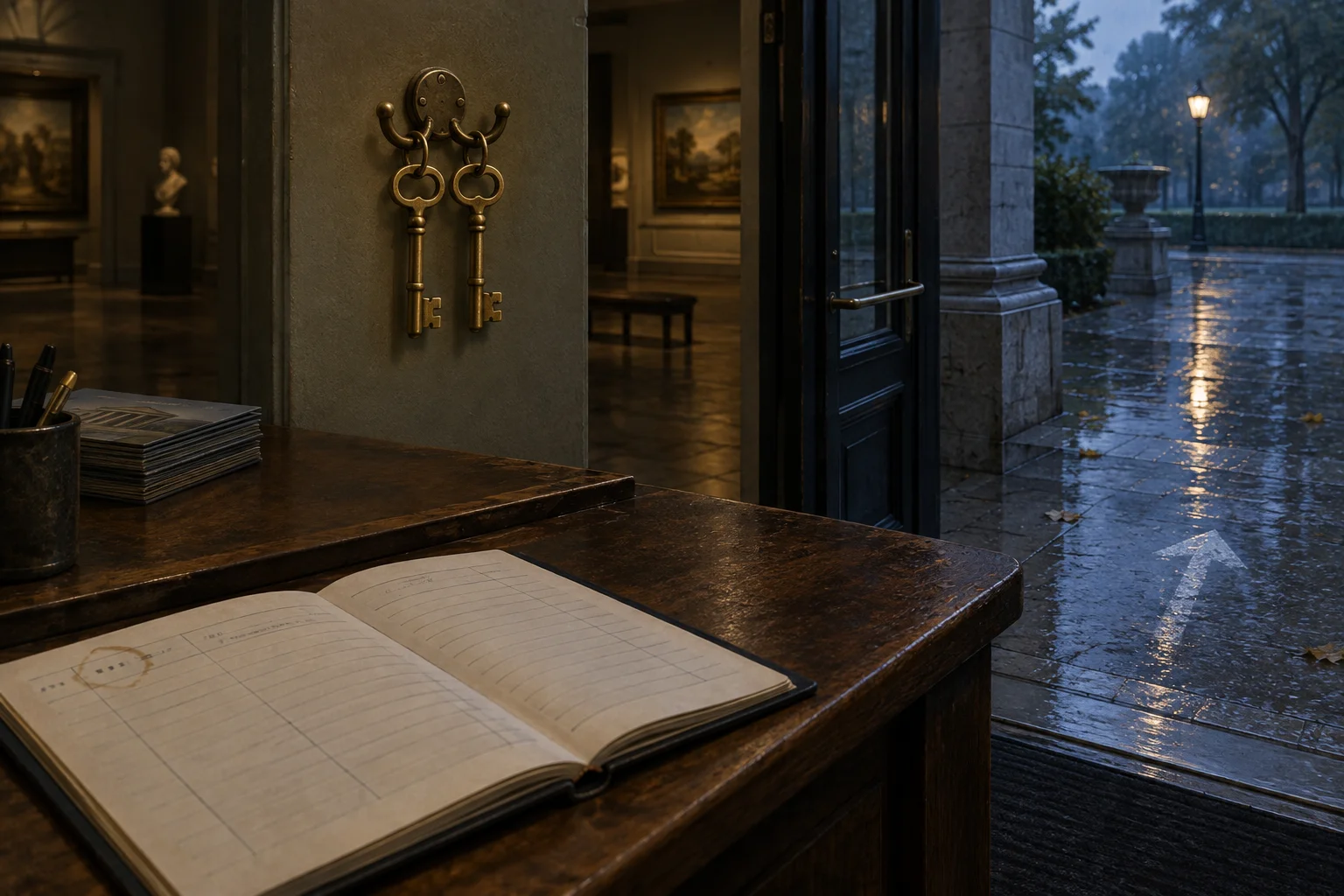 Duas chaves no mesmo gancho, um livro de visitantes e uma seta de giz apagada pela chuva visualizam os três detalhes centrais da passagem.