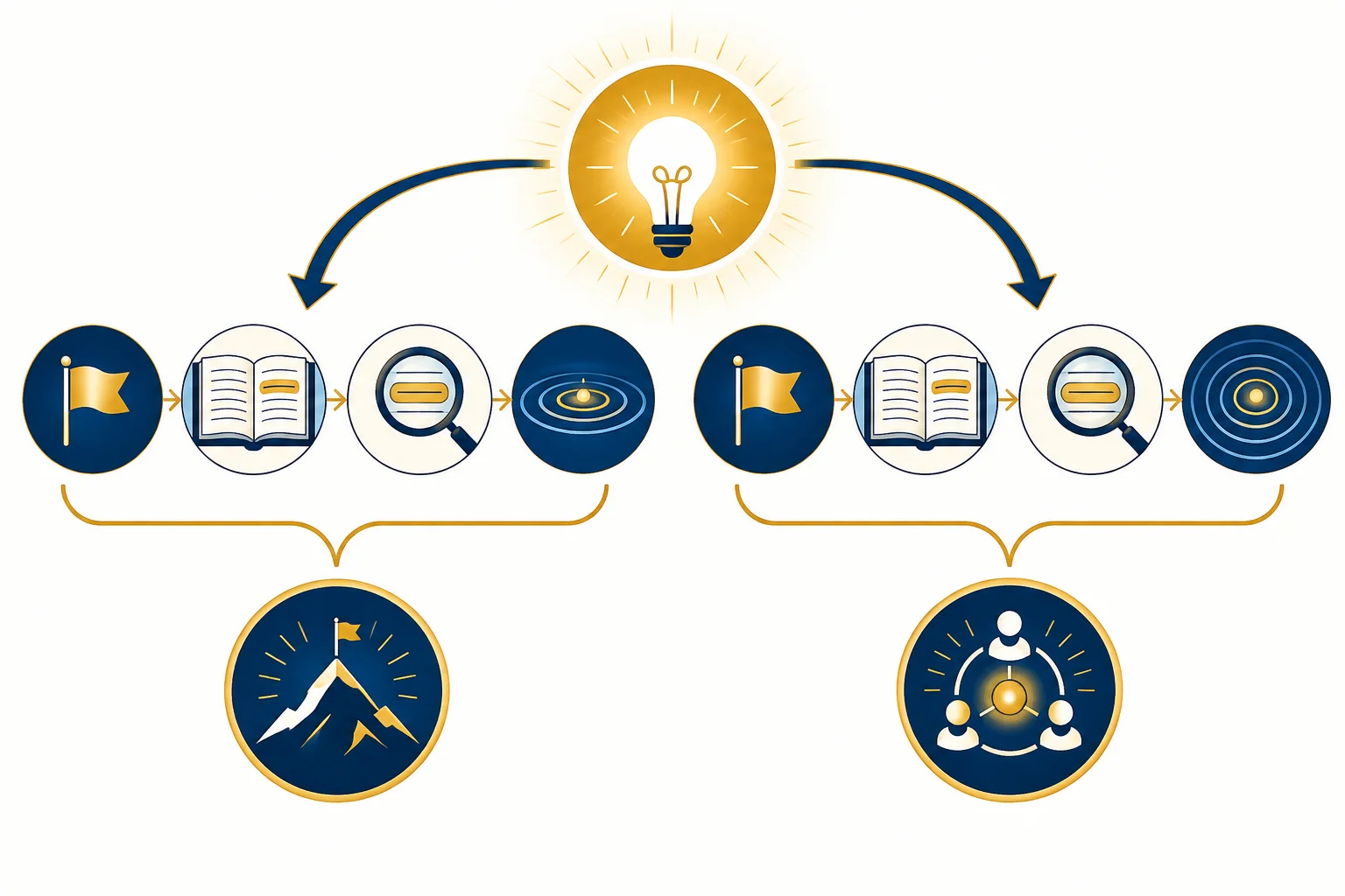 Diagrama com uma tese central ligada a duas sequências de quatro etapas analíticas.