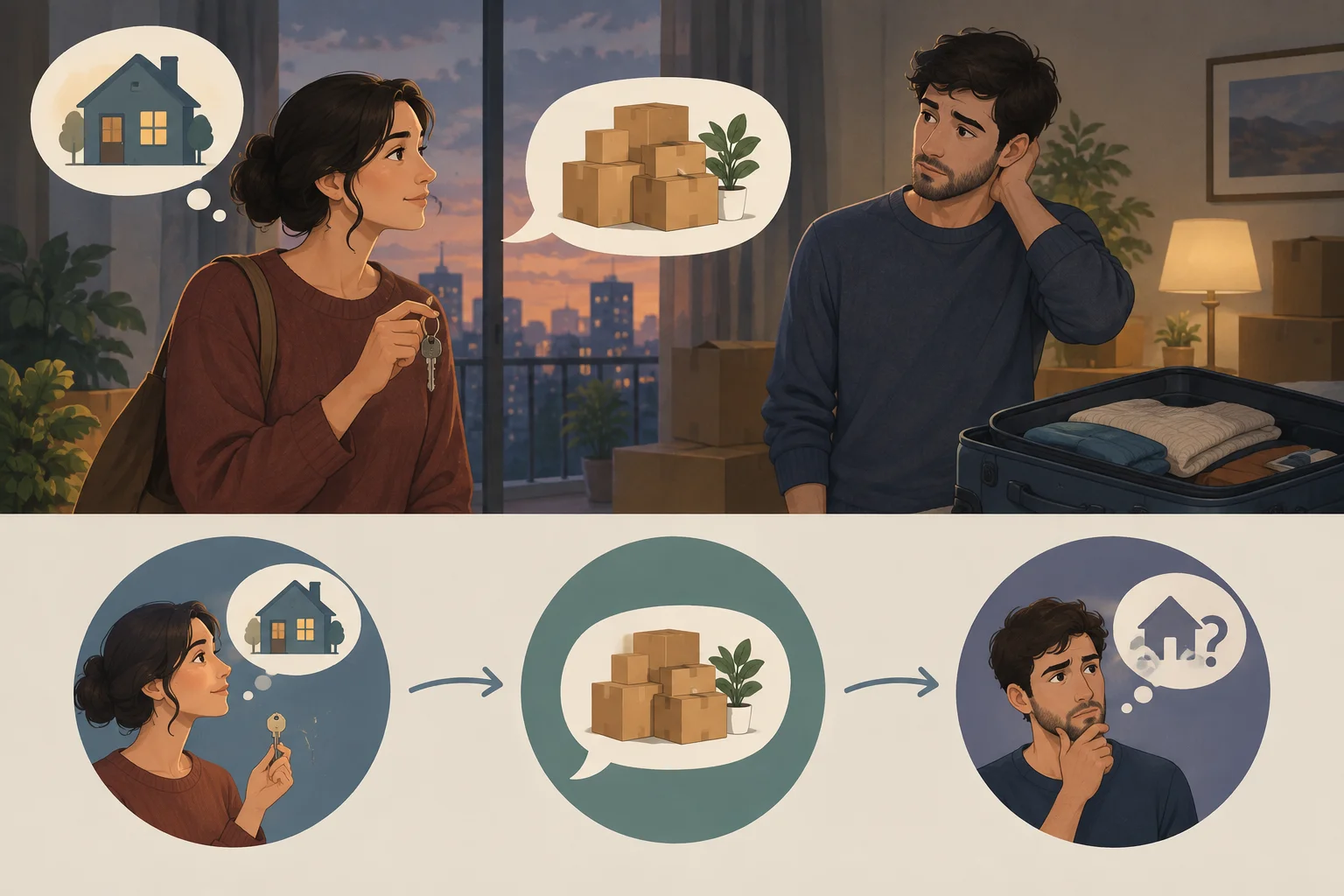 Diagrama visual de uma personagem que deseja uma resposta, mas pergunta sobre caixas de mudança; a hesitação do interlocutor oferece uma pista ao leitor.