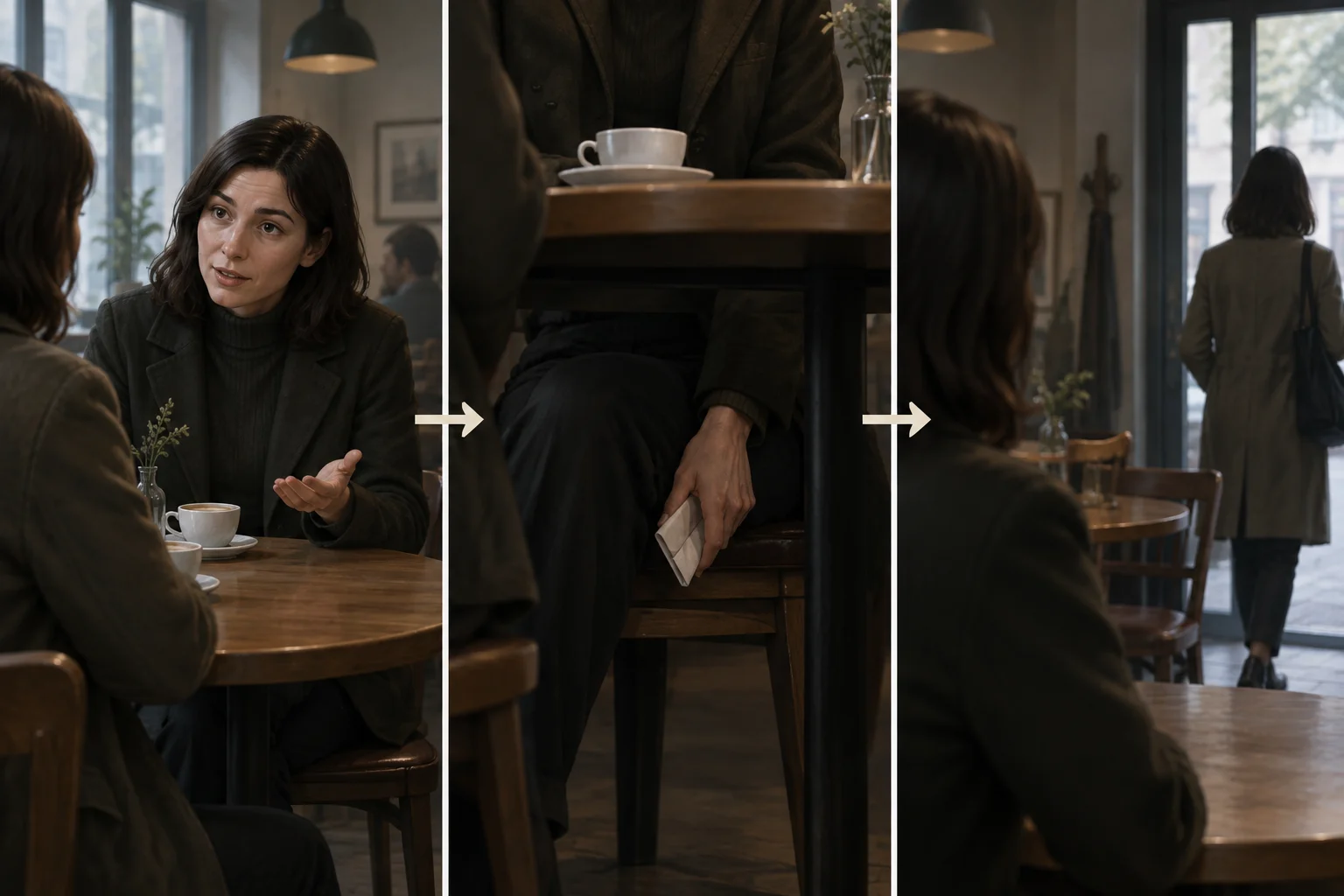 Sequência visual de uma conversa em que um gesto discreto muda o sentido de uma fala e conduz à reação observada pela personagem focal.