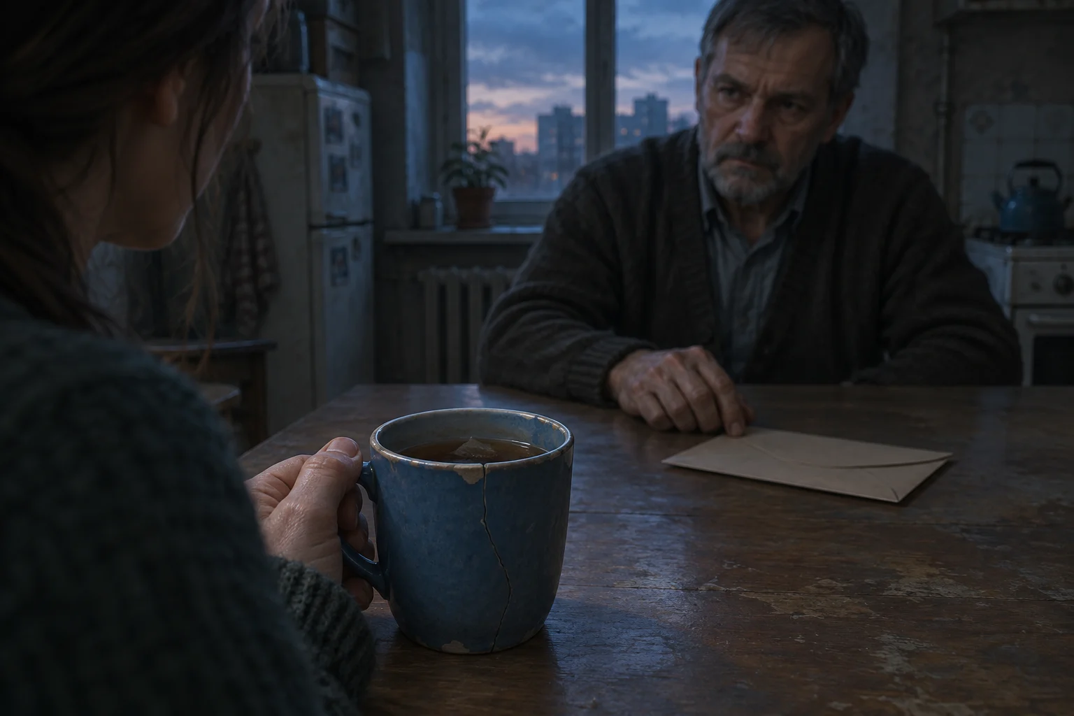 Uma caneca azul rachada com chá esfriando em primeiro plano; duas pessoas conversam tensamente à mesa, com um envelope fechado perto de uma delas.