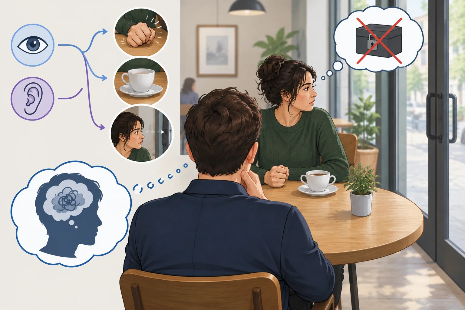 Diagrama mostrando a personagem focal com acesso às próprias percepções e pensamentos, aos gestos do interlocutor, mas não aos pensamentos dele nem a fatos distantes.