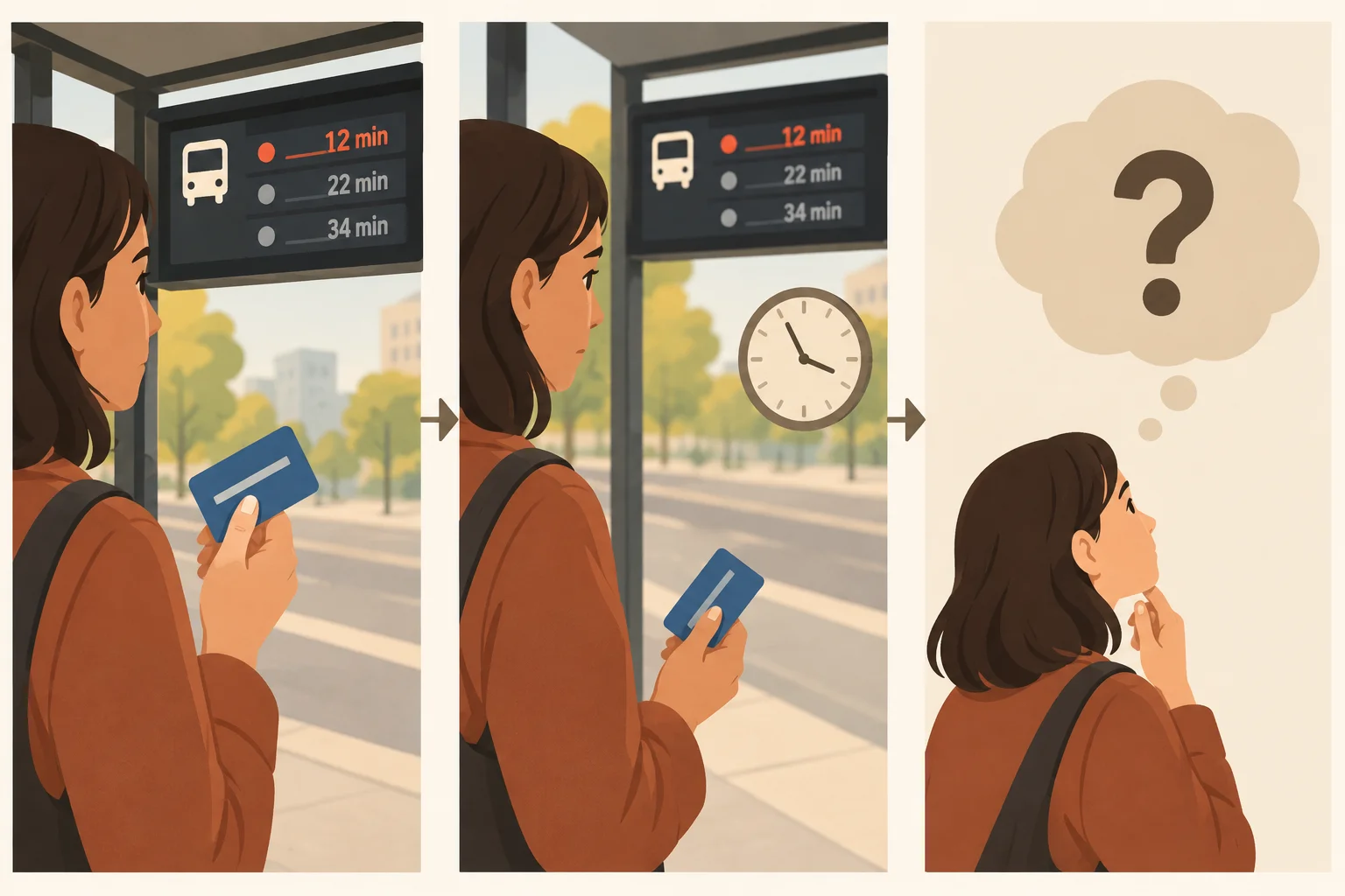 Diagrama visual que mostra um cartão de transporte não usado, a espera causada pelo atraso e uma pergunta que nasce dessa tensão.