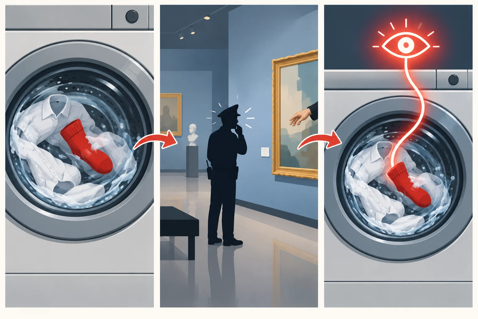 Diagrama em três partes: uma meia vermelha na máquina de lavar, uma associação com atenção em um museu e a volta à máquina com uma pergunta ampliada.