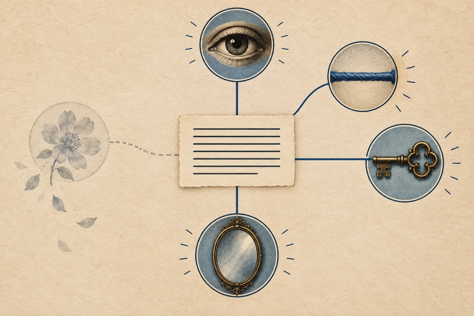 Diagrama mostra uma imagem textual ligada à percepção, à tensão e à reflexão, em contraste com um enfeite que se afasta do texto.