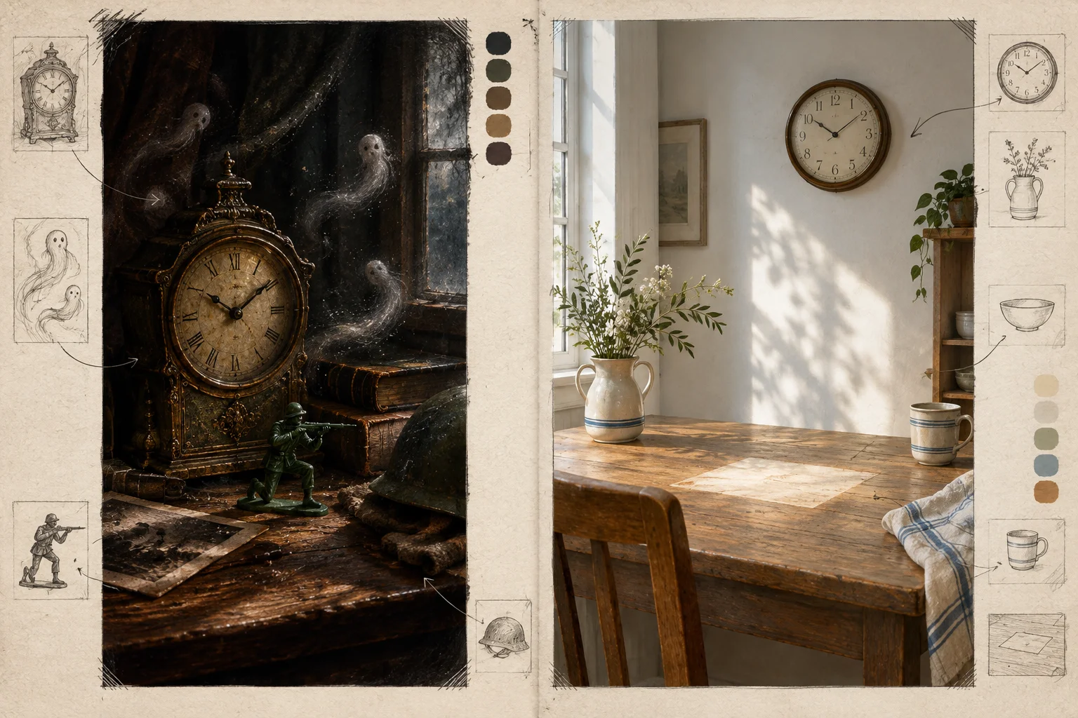 Comparação visual entre uma versão carregada de imagens concorrentes e outra mais contida, centrada no relógio e na marca da tigela.