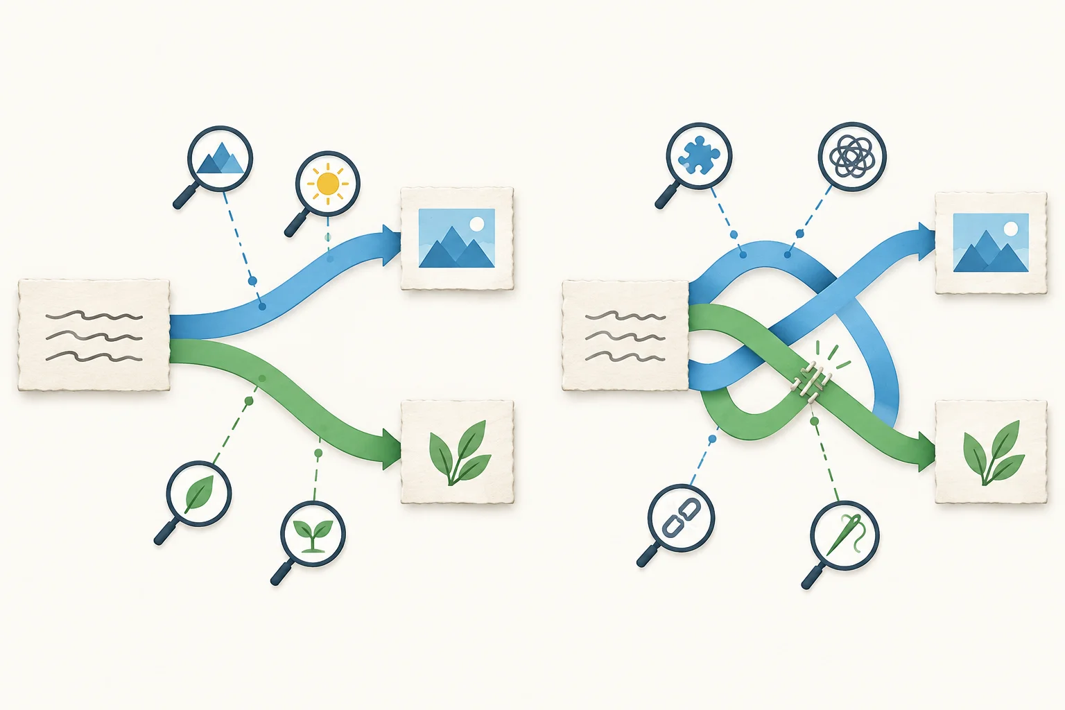 Diagrama com uma frase que se abre em duas leituras sustentadas e outra cujas conexões ficam embaralhadas até receber um reparo localizado.