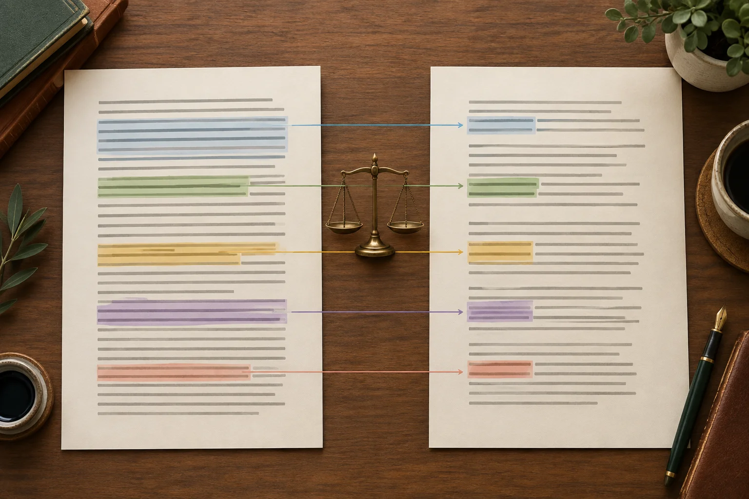 Dois manuscritos lado a lado, com blocos correspondentes destacados e setas indicando alterações entre original e revisão.