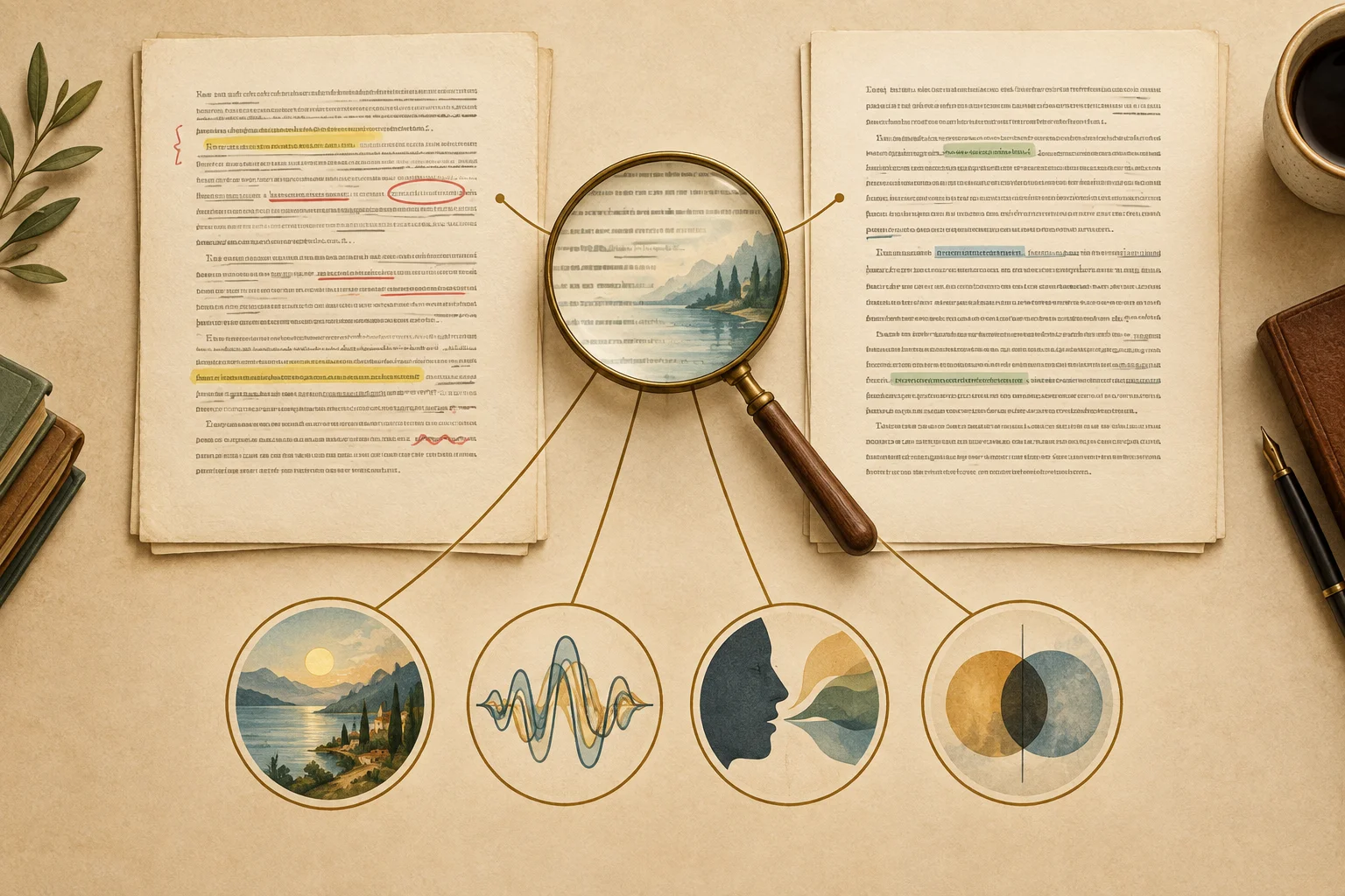 Diagrama com duas versões de um manuscrito ligadas a critérios de imagem, ritmo, voz e ambiguidade.