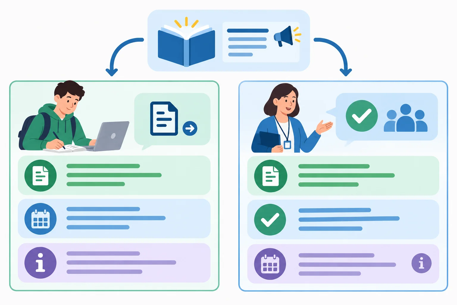 Diagrama mostrando a mesma fonte no centro e dois públicos com seleções diferentes de informações essenciais, contexto e detalhes opcionais.
