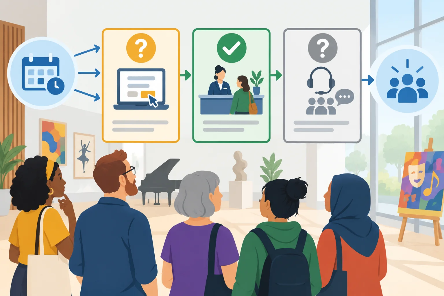 Diagrama com uma proposta de formulário online, a opção de atendimento presencial confirmada e a ajuda com o formulário como informação desconhecida.