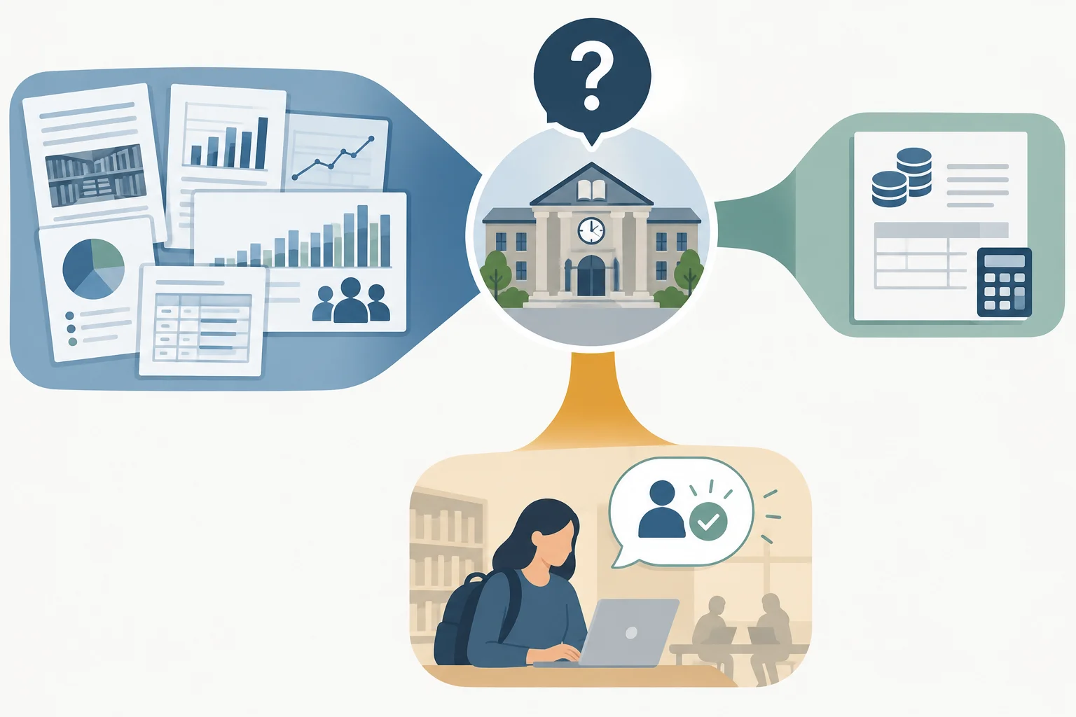 Diagrama de uma questão central sobre ampliar o horário da biblioteca, ligada a três contribuições com quantidades visuais diferentes de evidência e relevância.