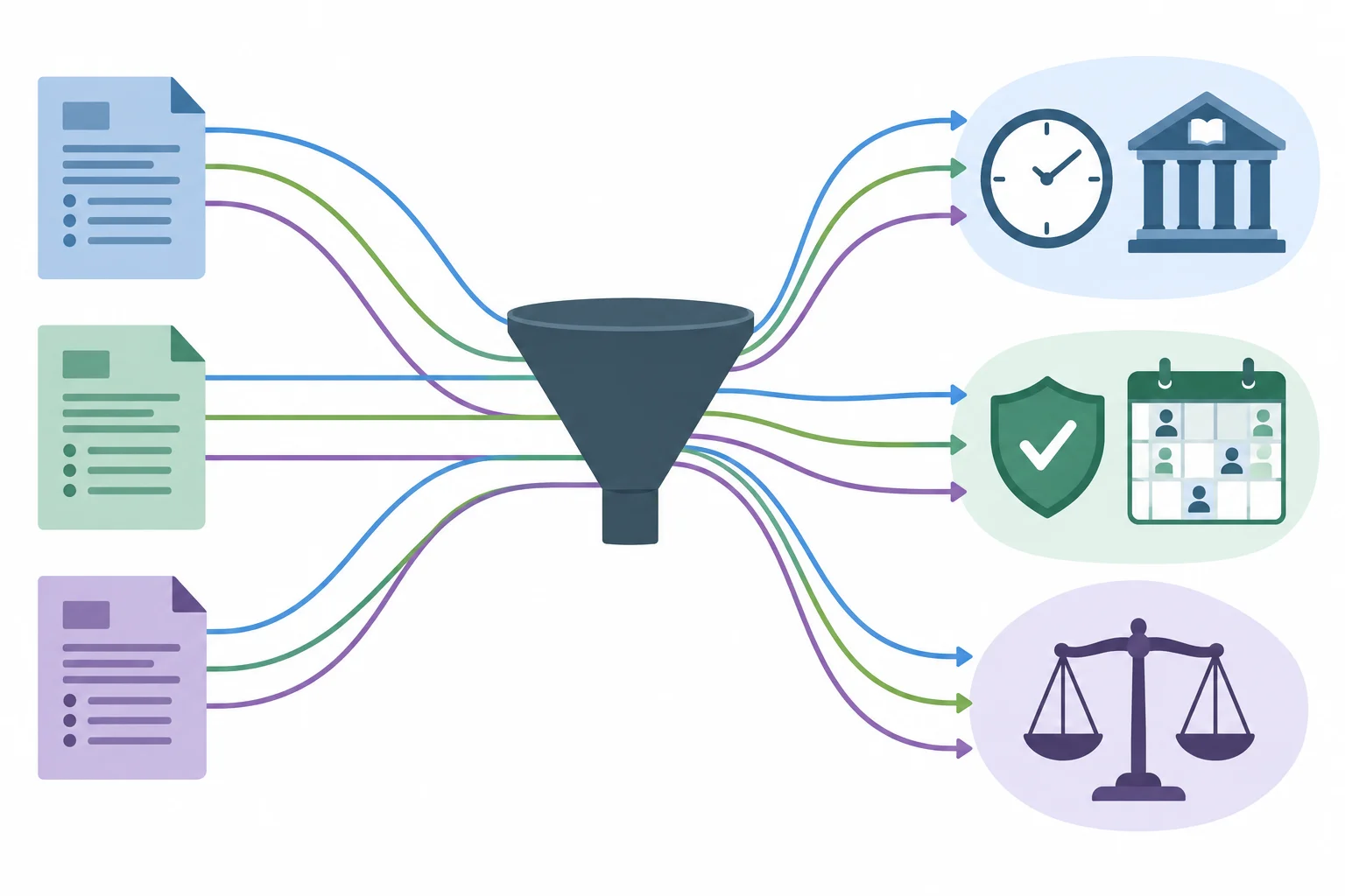 Diagrama mostrando três documentos convergindo para questões temáticas sobre demanda, condições operacionais e critérios de decisão.
