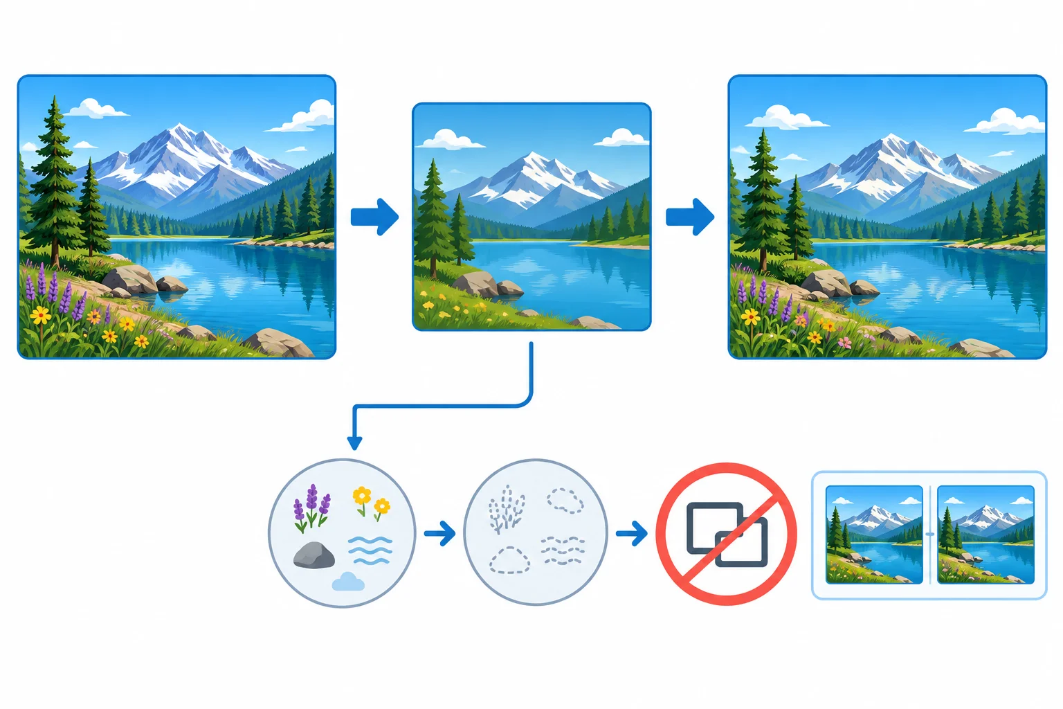 Diagrama com uma imagem detalhada, uma versão com menos detalhes e uma reconstrução semelhante, mas não idêntica; setas mostram que a remoção de detalhes explica o limite da reconstrução.