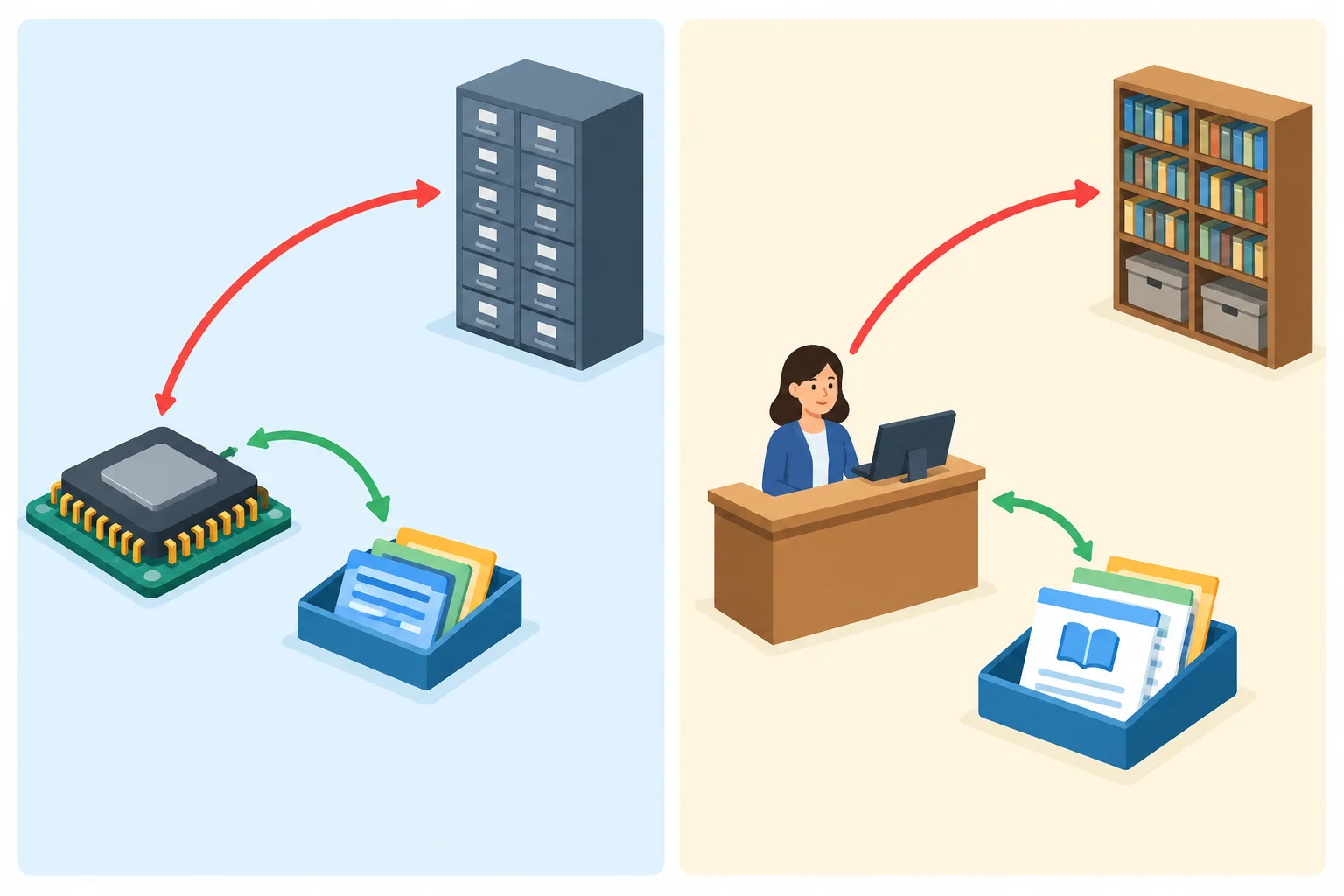 Diagrama comparando dados perto de um processador com folhas de referência perto de uma mesa de biblioteca.