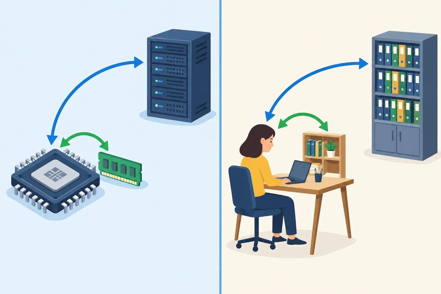 Diagrama comparando um cache próximo ao processador com uma pequena estante de referência próxima a uma pessoa, enquanto o armazenamento principal e o arquivo ficam mais distantes.