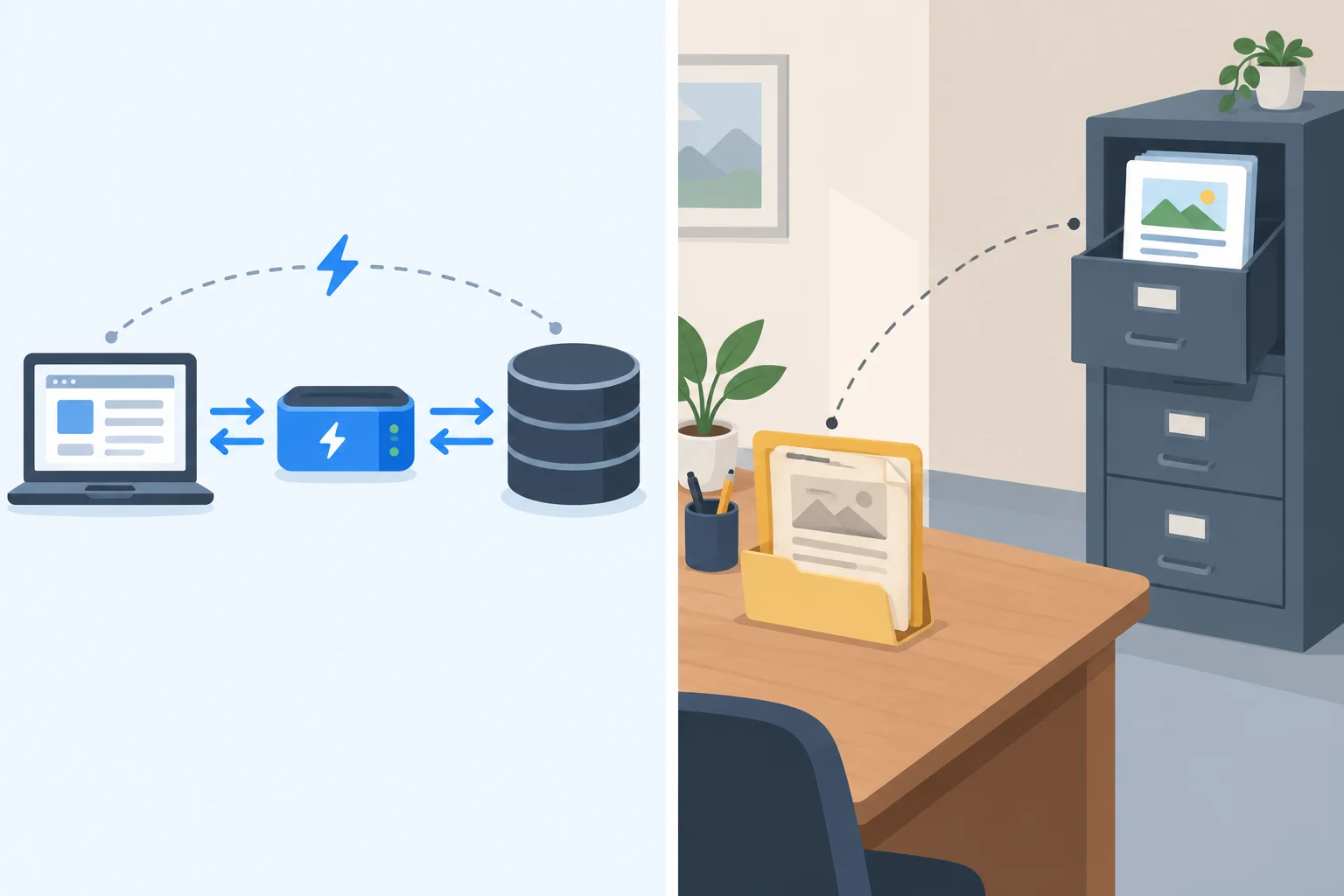 Diagrama que compara um cache próximo a um aplicativo com uma pasta de referência perto de uma mesa, mostrando que a cópia próxima pode não ser a mais atual.