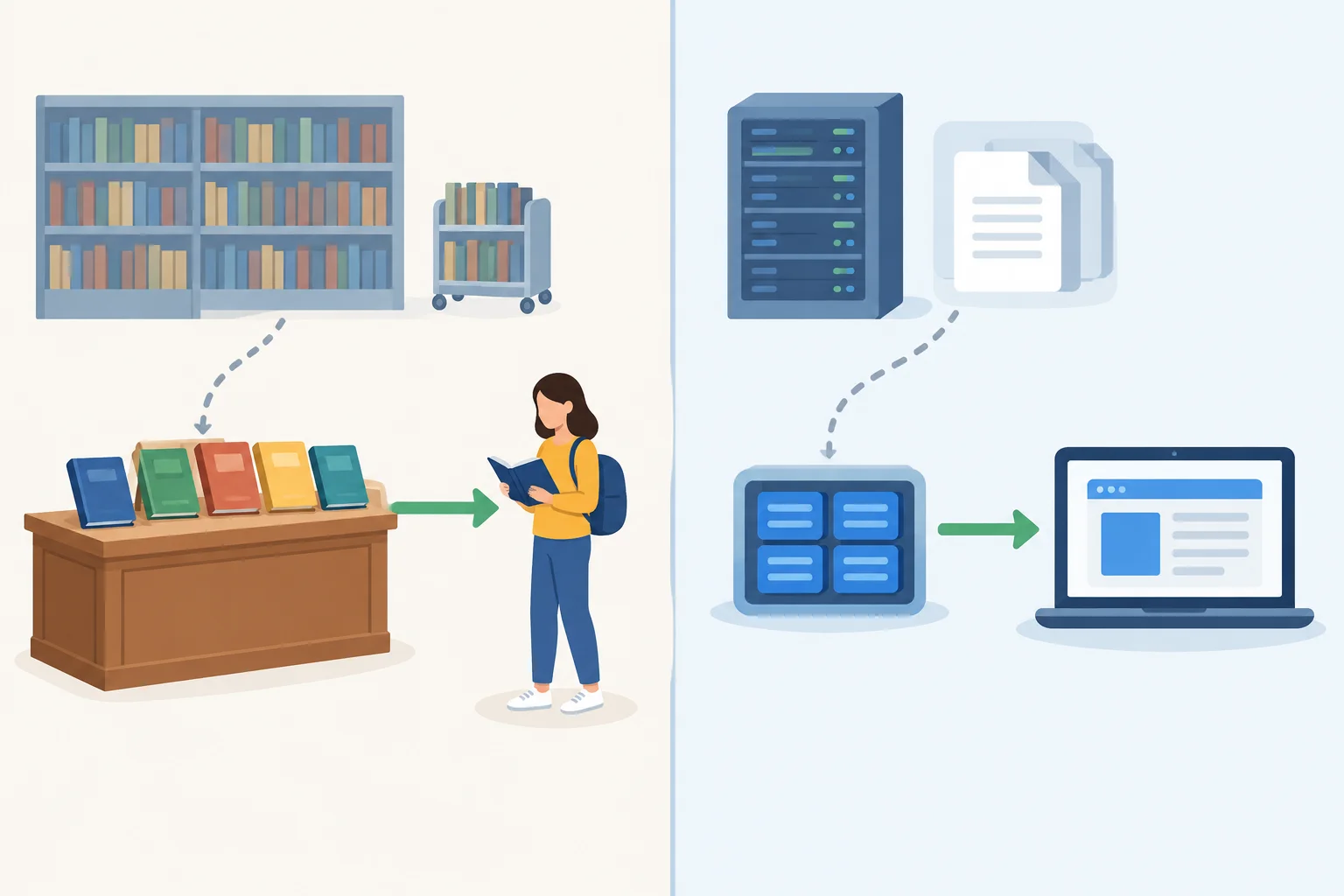 Diagrama lado a lado de uma mesa de consulta com livros solicitados e uma cache próxima a um programa, destacando caminhos curtos de acesso.