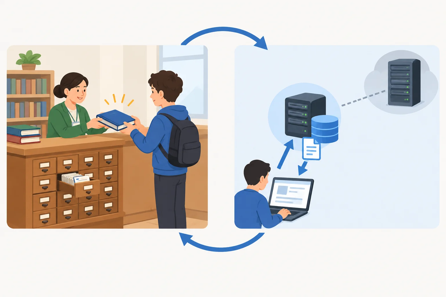 Diagrama que compara um balcão local com cópias consultadas frequentemente a um cache próximo do usuário e mostra o retorno ao sistema de dados.
