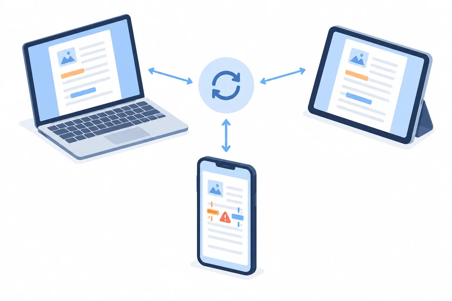 Diagrama de várias cópias de um documento conectadas por sincronização, com convergência de mudanças e um possível conflito entre edições simultâneas.