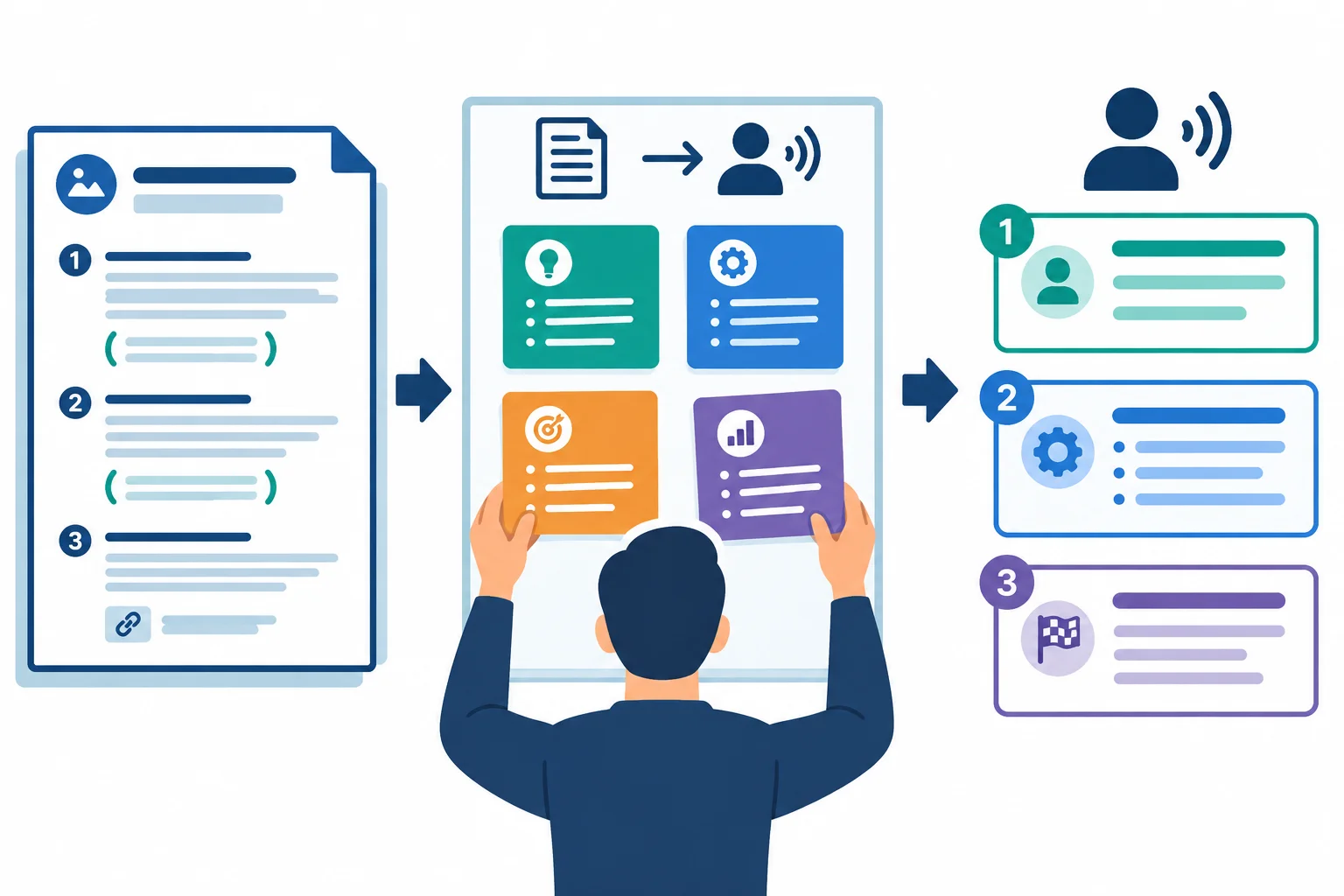 Diagrama mostrando um documento organizado visualmente sendo transformado em um quadro de operações e, depois, em cartões curtos para apoiar a fala.